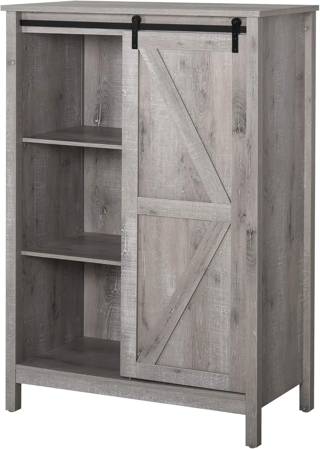 HOMCOM Accent Cabinet, Kictchen Cupboard Storage Cabinet, 3-Tier Organizer with Barn Door and Adjustable Shelf, Antique Grey