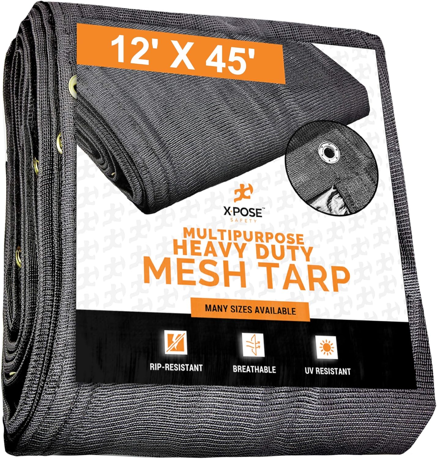 Xpose Safety Heavy Duty Mesh Tarp &ndash; 12&rsquo; x 45&rsquo; Multipurpose Black Protective Cover with Air Flow - Use for Tie Downs, Shade, Fences, Canopies, Dump Trucks &ndash; Tear Resistant