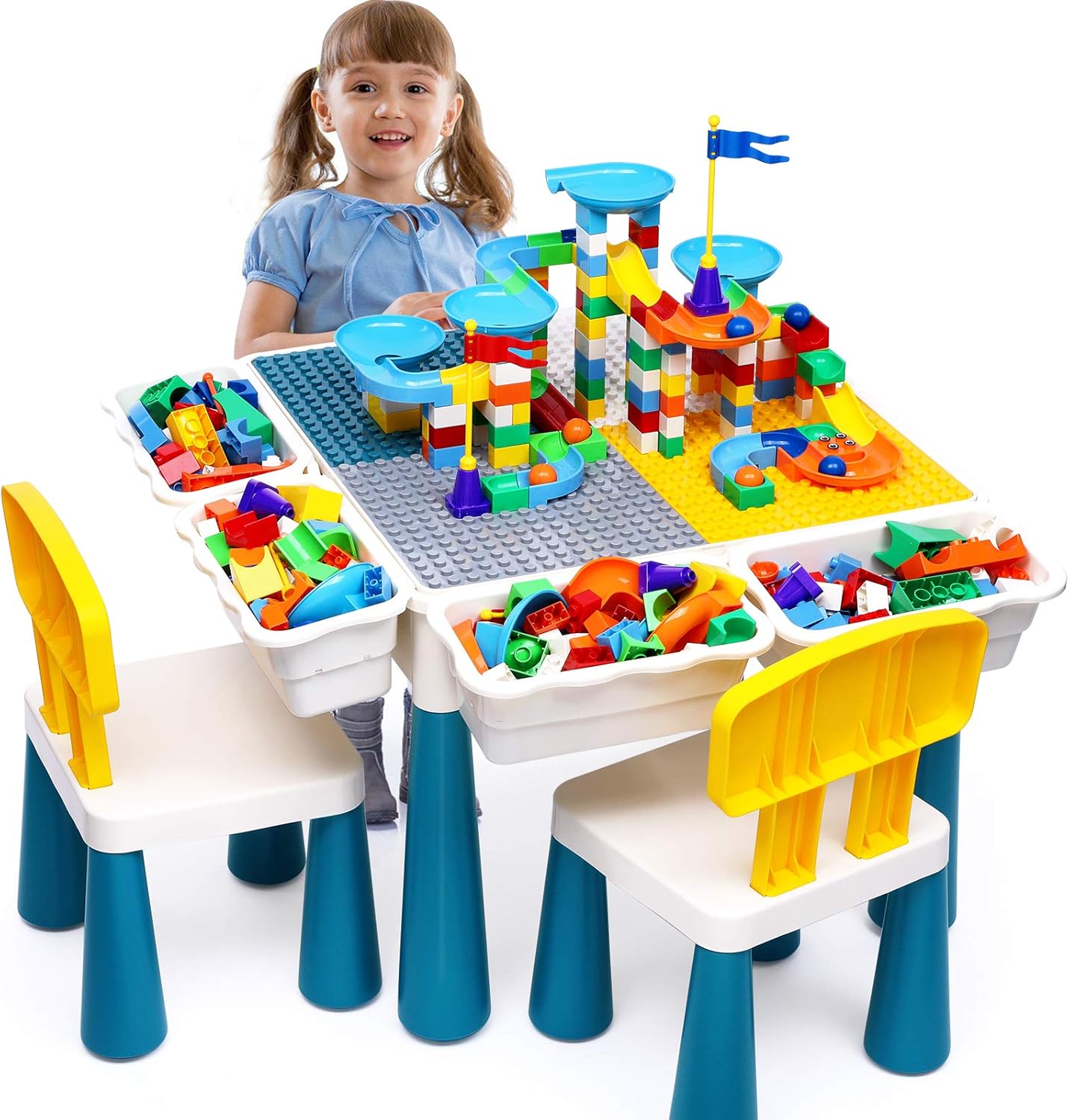 OCATO Kids Activity Table Toddlers Kids Table and Chair Set with 152Pcs Large Marble Run Building Blocks All-in-One Kids Play Table Water Table Sand Table, STEM Toys for Boys Girls 2 3 4 5-10 Year Old