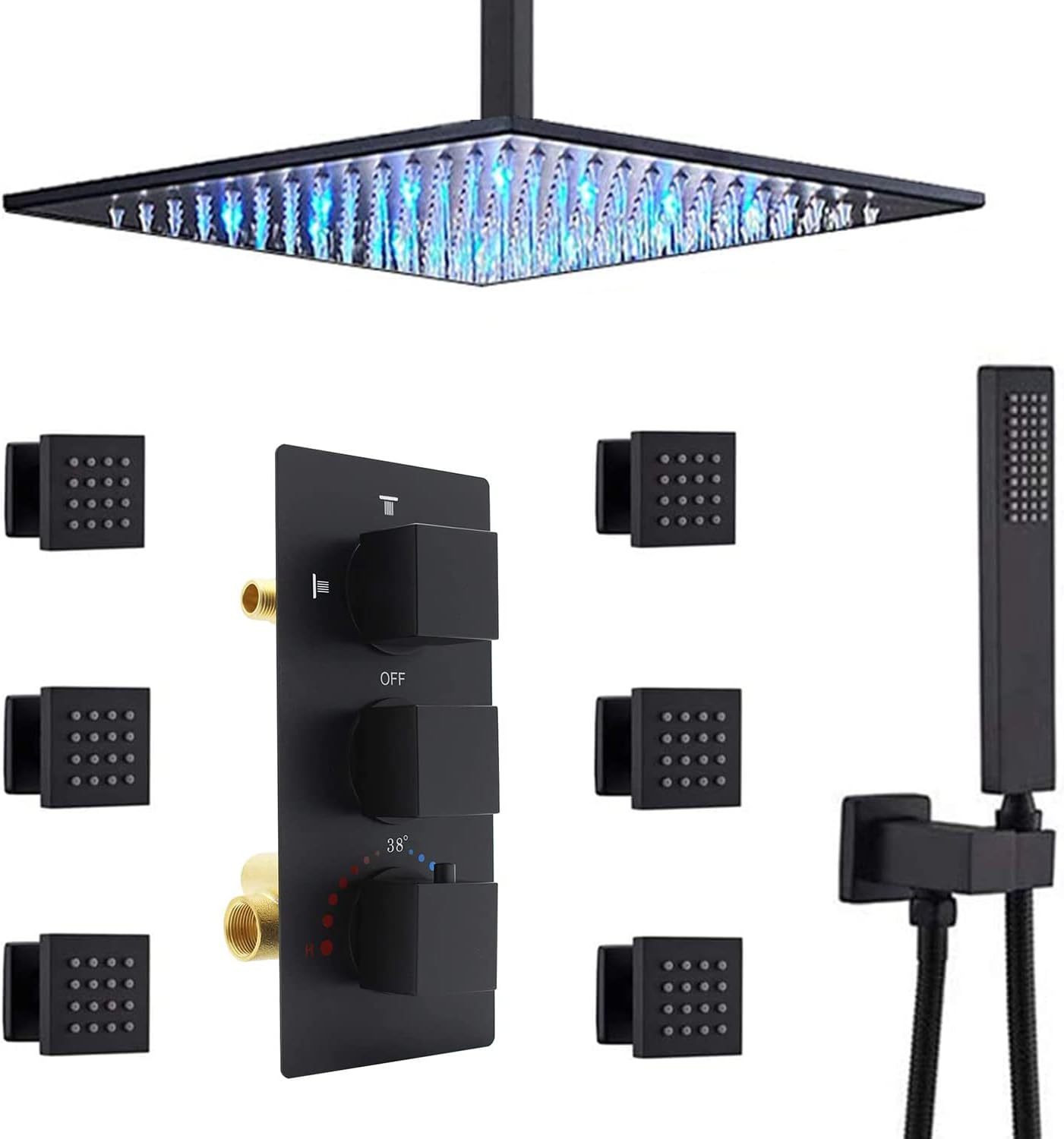 HOMEDEC Thermostatic LED Shower head with Body Sprays Bathroom Shower System with Hand Shower, Square Fixed Shower Head Color Changing with Water Temperature (20inch, Matte Black)