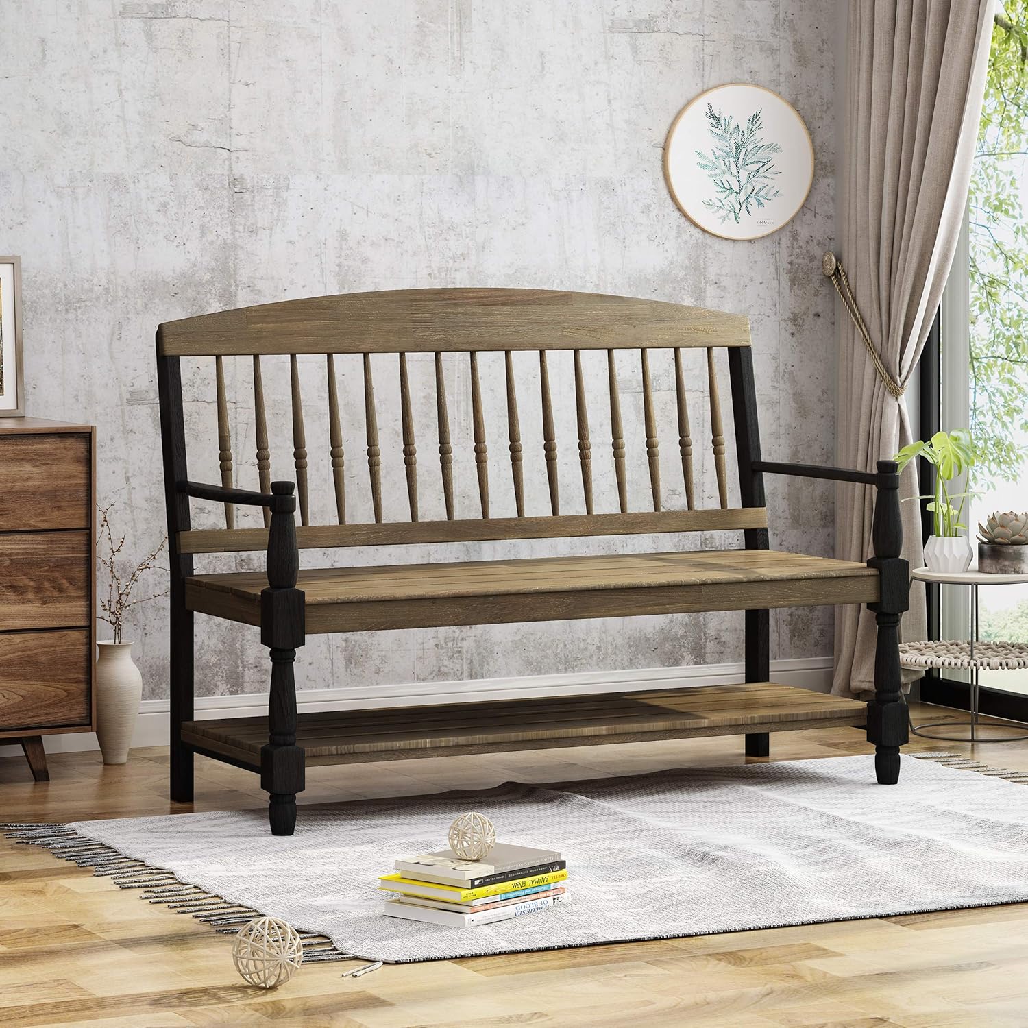 Christopher Knight Home Eddie Indoor Farmhouse Acacia Wood Bench with Shelf, Gray and Black Finish
