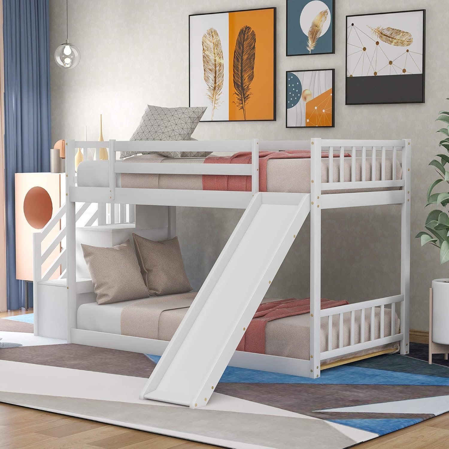 Twin Bunk Bed with Slide, Rockjame Space Saving Design Bedroom Furniture Wood Twin Over Twin Bed Frame with Stairway, Storage and Safety Guard Rail (White)