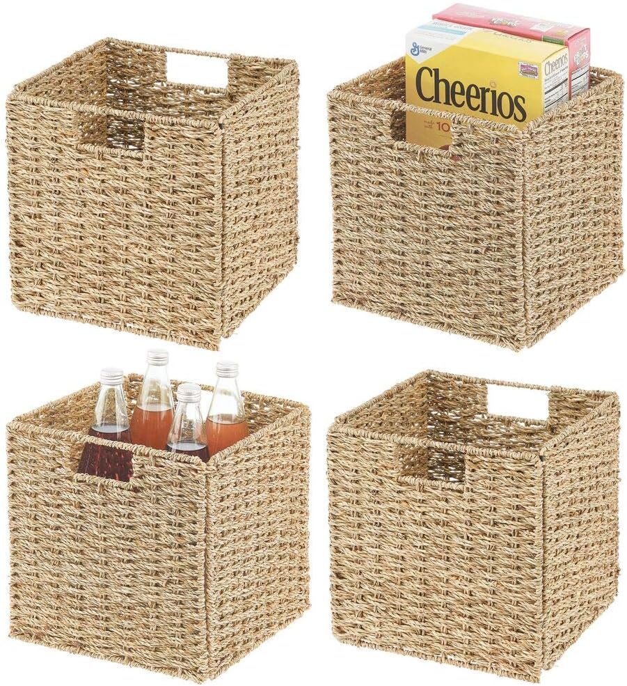 mDesign Woven Seagrass Farmhouse Kitchen Storage Organizer Basket Bin with Handles for Kitchen Cabinets, Pantry, Bathroom, Laundry Room, Closets, Office - 4 Pack - Natural/Tan Pack of 2