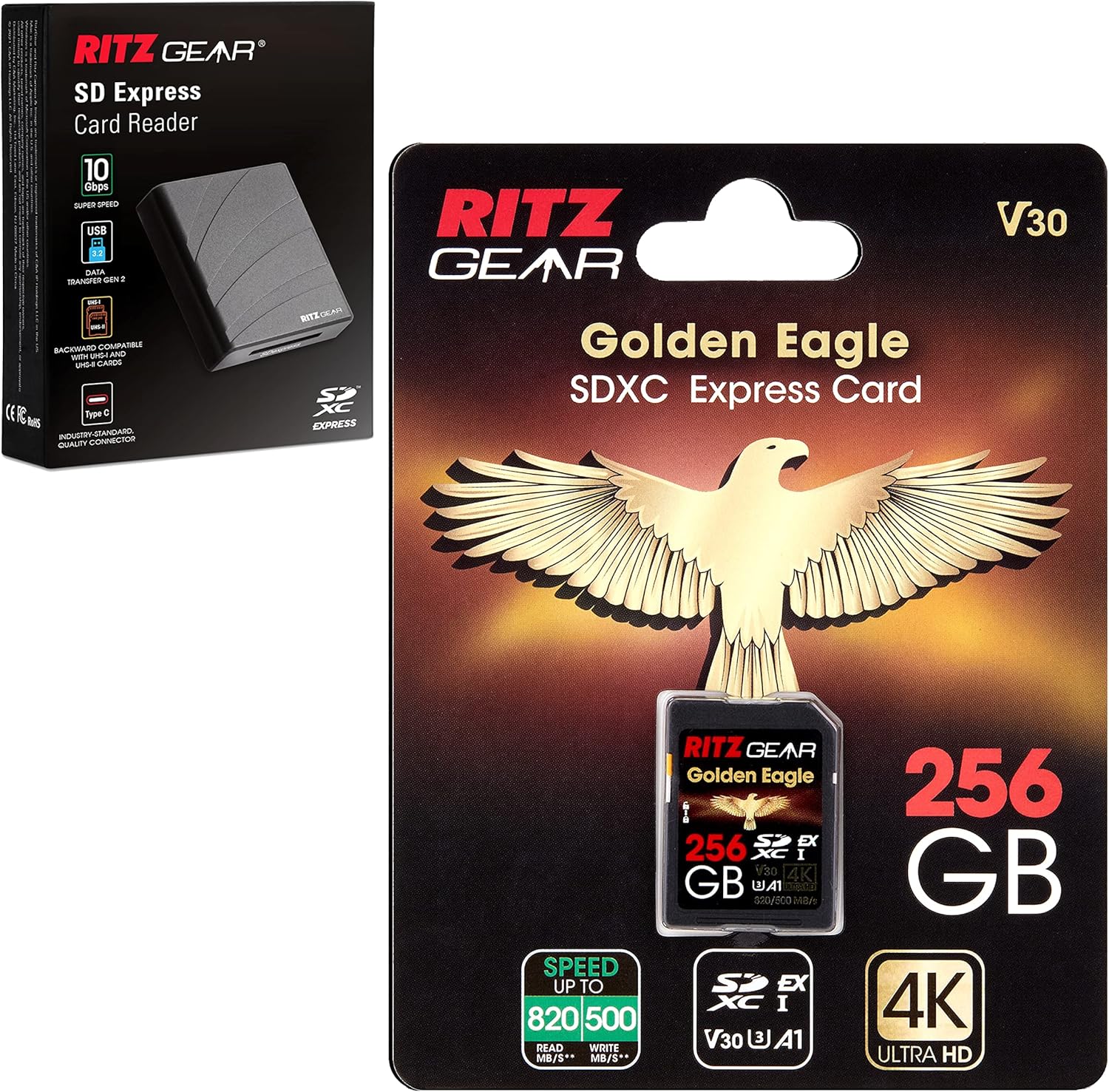 Ritz Gear Golden Eagle SDXC Express SD Card 256GB | SD 7.0 V30 A1 820/500 Mb/S Read/Write, Backwards Compatible, 3D, RAW, Burst Mode, 4K UHD Video |Extreme Speed| Bonus SDexpress Card Reader Included