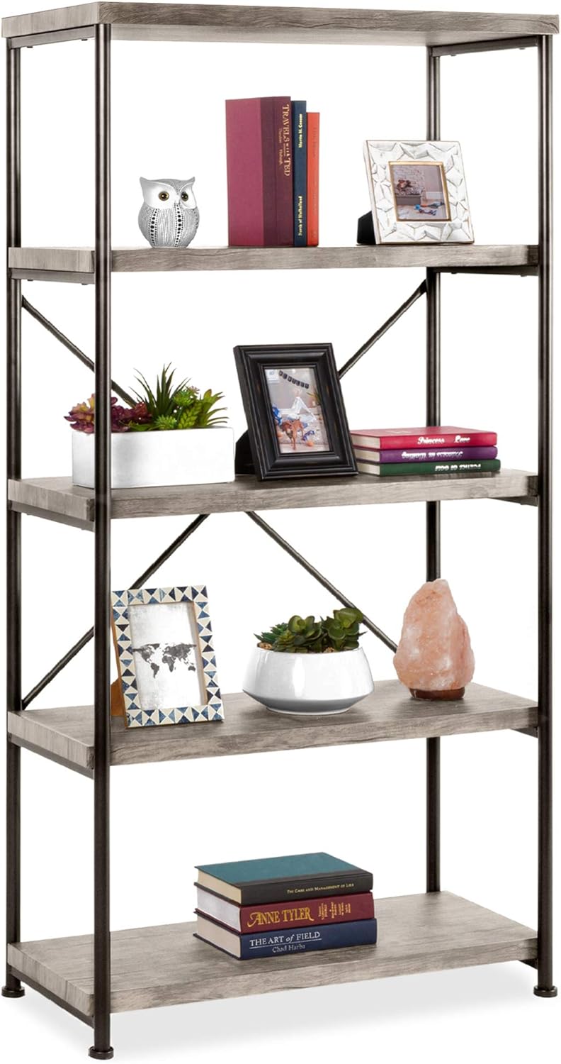 Best Choice Products 5-Tier Rustic Industrial Bookshelf Display D&eacute;cor Accent for Living Room, Bedroom, Office w/Metal Frame, Wood Shelves - Brown