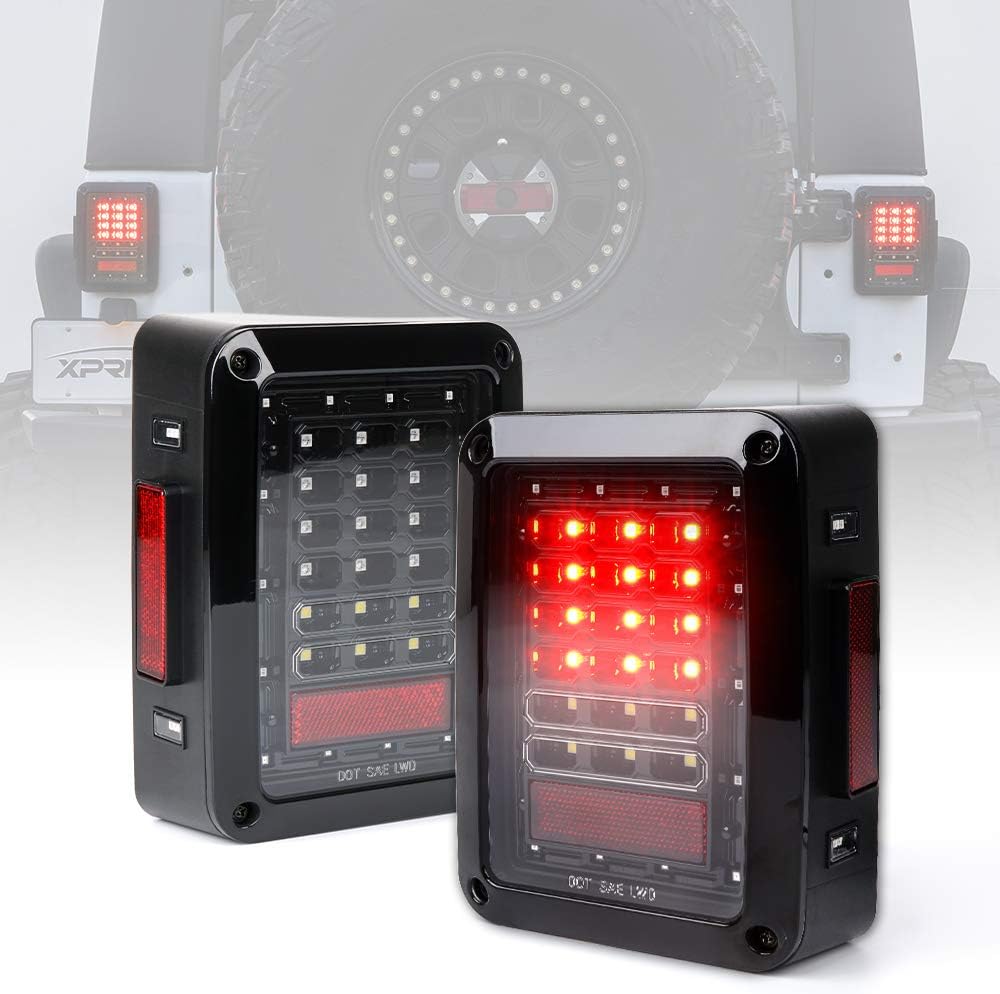Xprite Clear Lens Red LED Tail Light Assembly w/ Turn Signal & Back Up Compatible with 2007 - 2018 Jeep Wrangler JK JKU - Bold Series