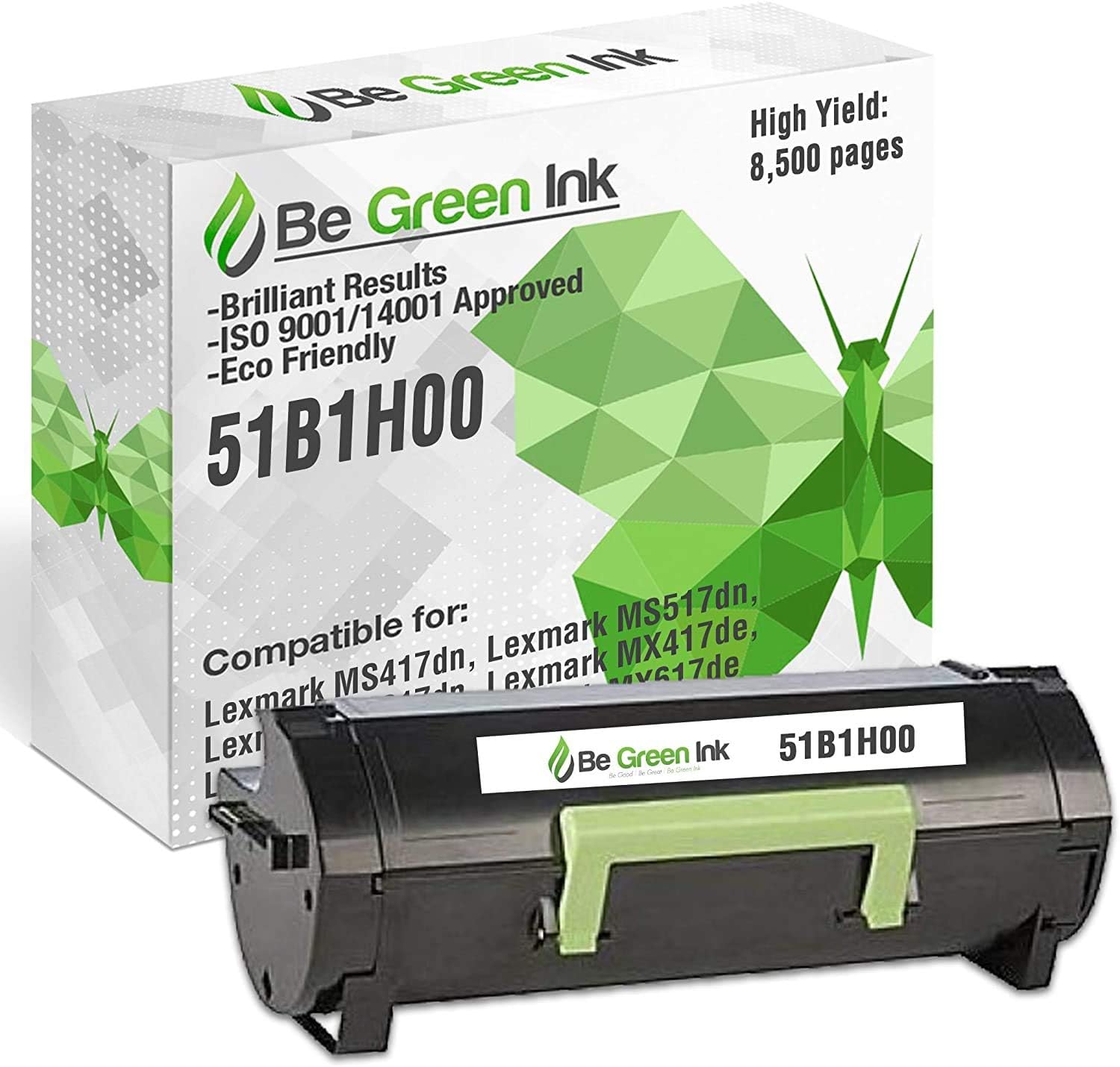 Be Green Ink Compatible Replacement Toner Cartridge for Lexmark MS417 MX417 MS517 MX517 MX617 MS417dn MS517dn MS617dn MX417de MX517de MX617de - 51B1H00 Black Toner (8.5k Yield) Pack of 2
