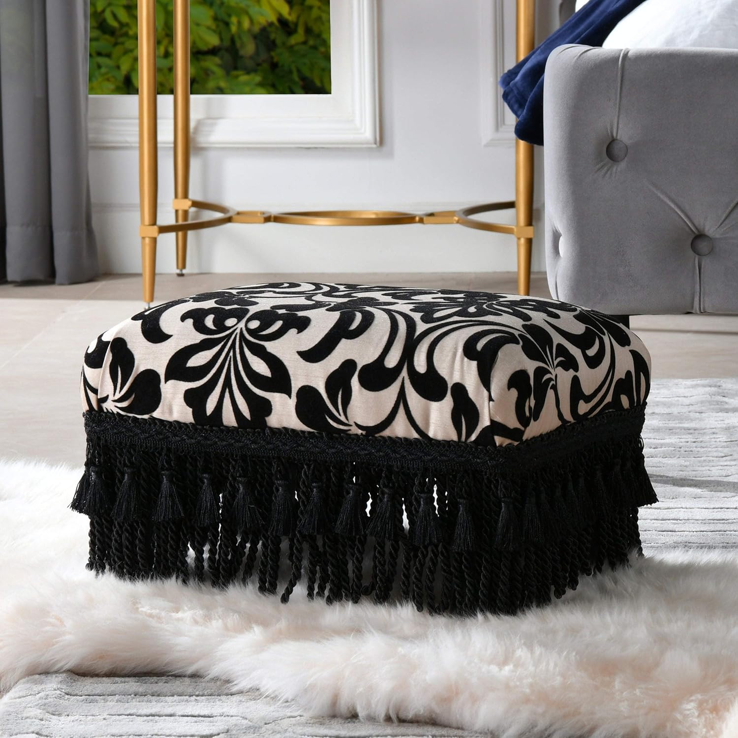 Jennifer Taylor Home Fiona Accent Footstool Ottoman Black-Ivory Flocked Floral with Black Trim