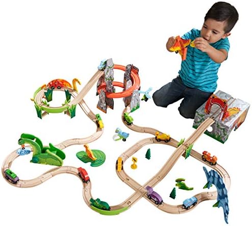 KidKraft Adventure Tracks: Dino World Rumble & Roar Wooden Train Track Complete 76-pc. Play Set, Gift for Ages 3+