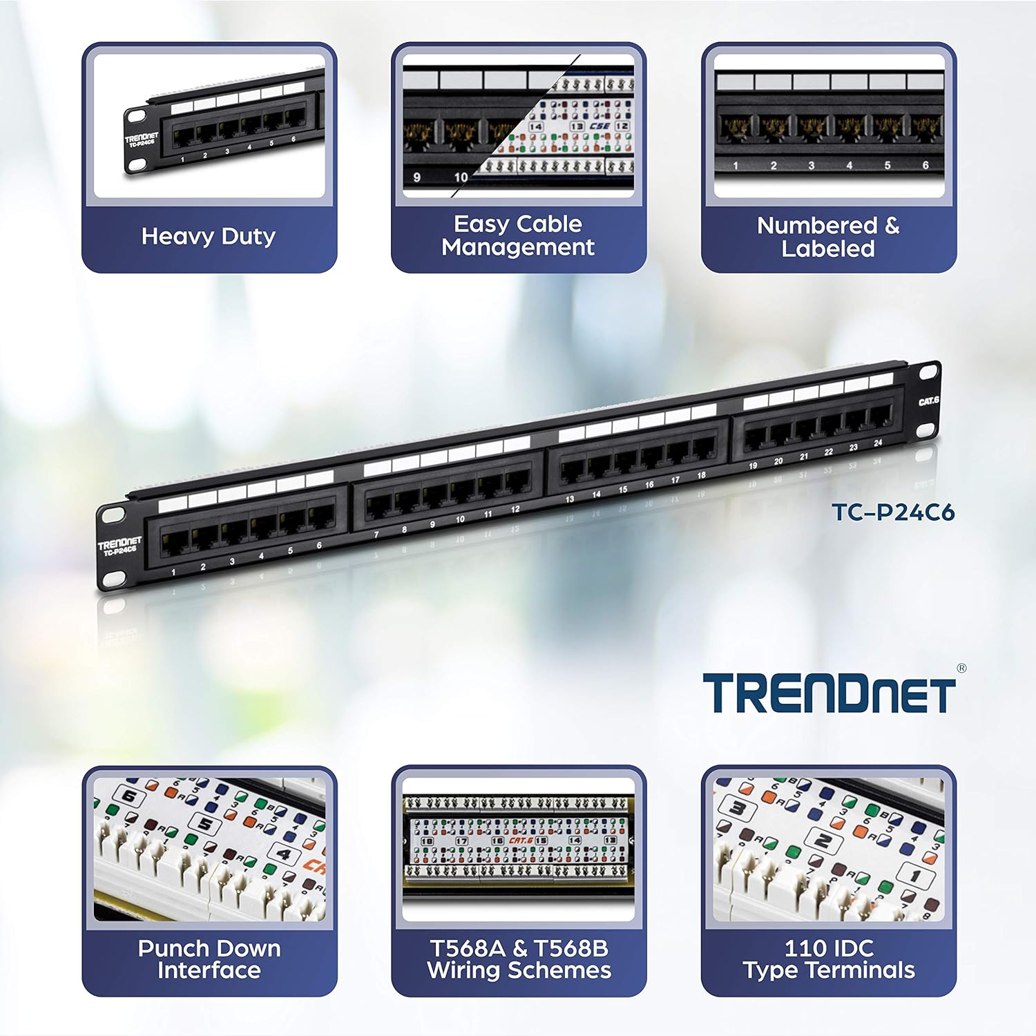 TRENDnet 24-Port Cat6 Unshielded Patch Panel, Wallmount or Rackmount, Compatible with Cat3,4,5,5e,6 Cabling, For Ethernet, Fast Ethernet, Gigabit Applications, Black, TC-P24C6 Pack of 2