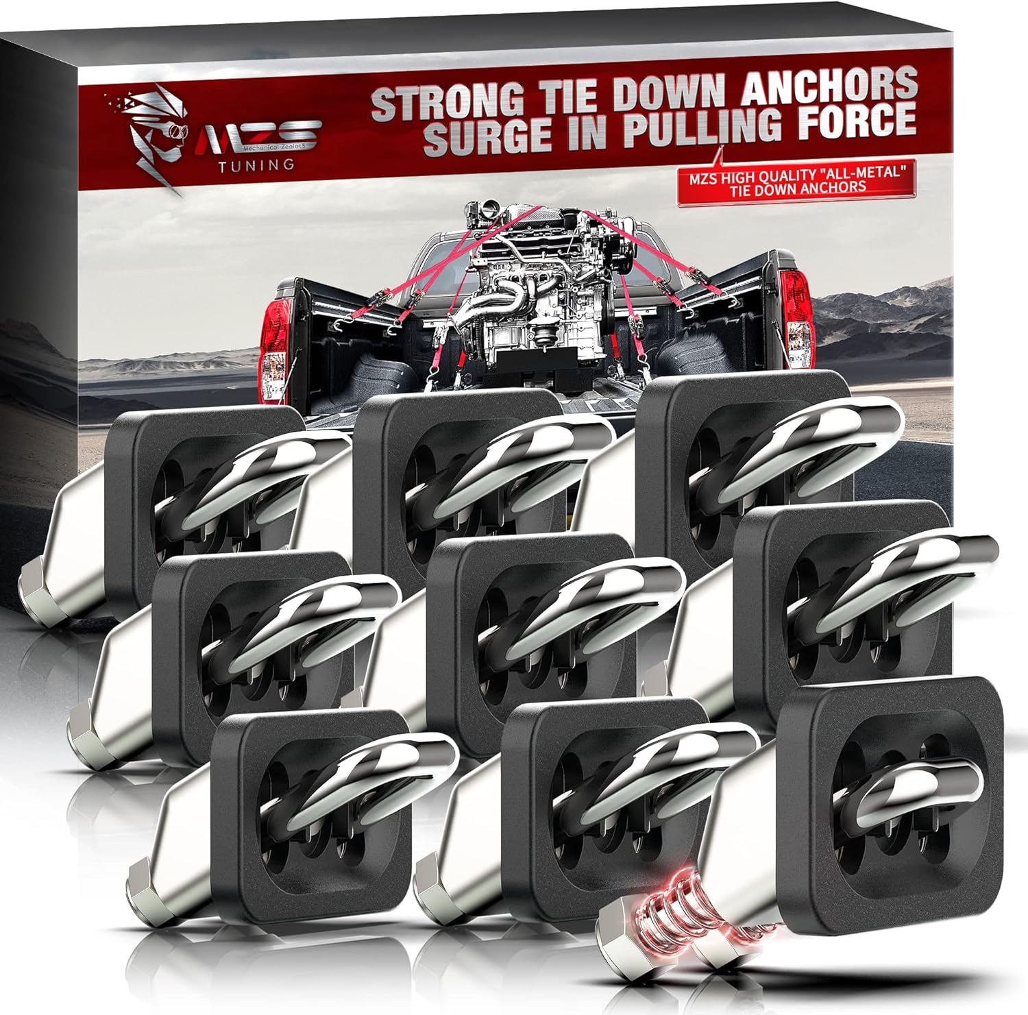 MZS Tie Down Anchors, Retractable D-Ring Compatible with 2007-2021 Silverado & Sierra | 2015-2021 Colorado & Canyon - All Metal, Side Wall, 9 Pack