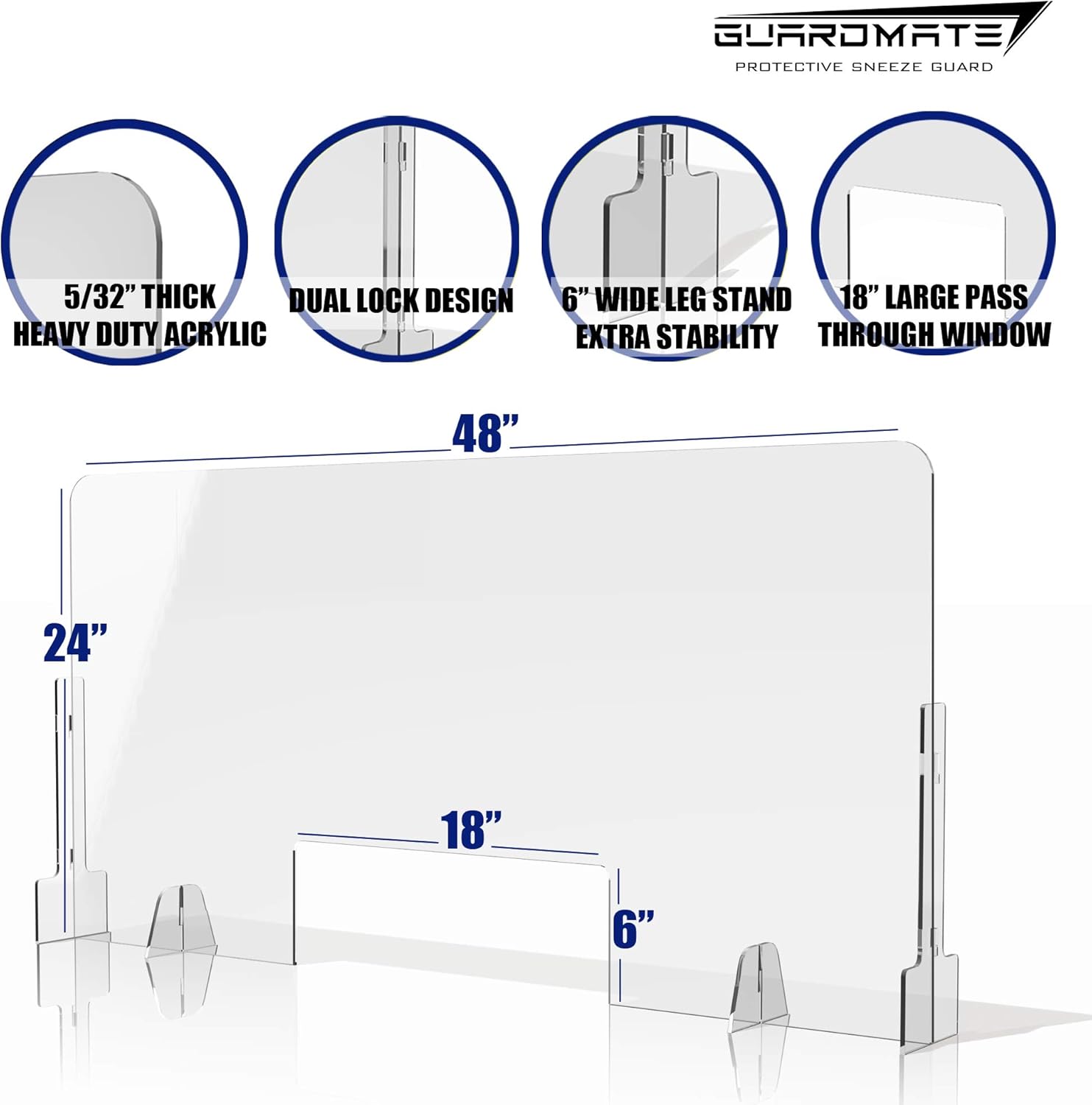 GUARDMATE | Premium Plexiglass Shield Commercial Grade Sneeze Guard | DUAL-LOCK Design 48