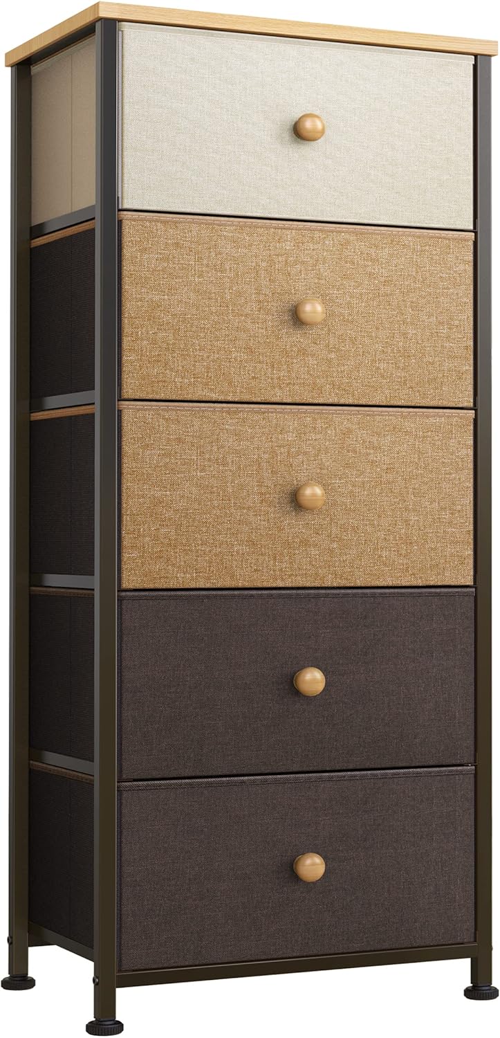 REAHOME 5 Drawer Dresser for Bedroom Storage Tower Closet Organizer Vertical Chest Sturdy Steel Frame Tall Dresser Wooden Top Removable Fabric Bins Hallway Entryway Office Organization(Black Grey) YLZ5B1