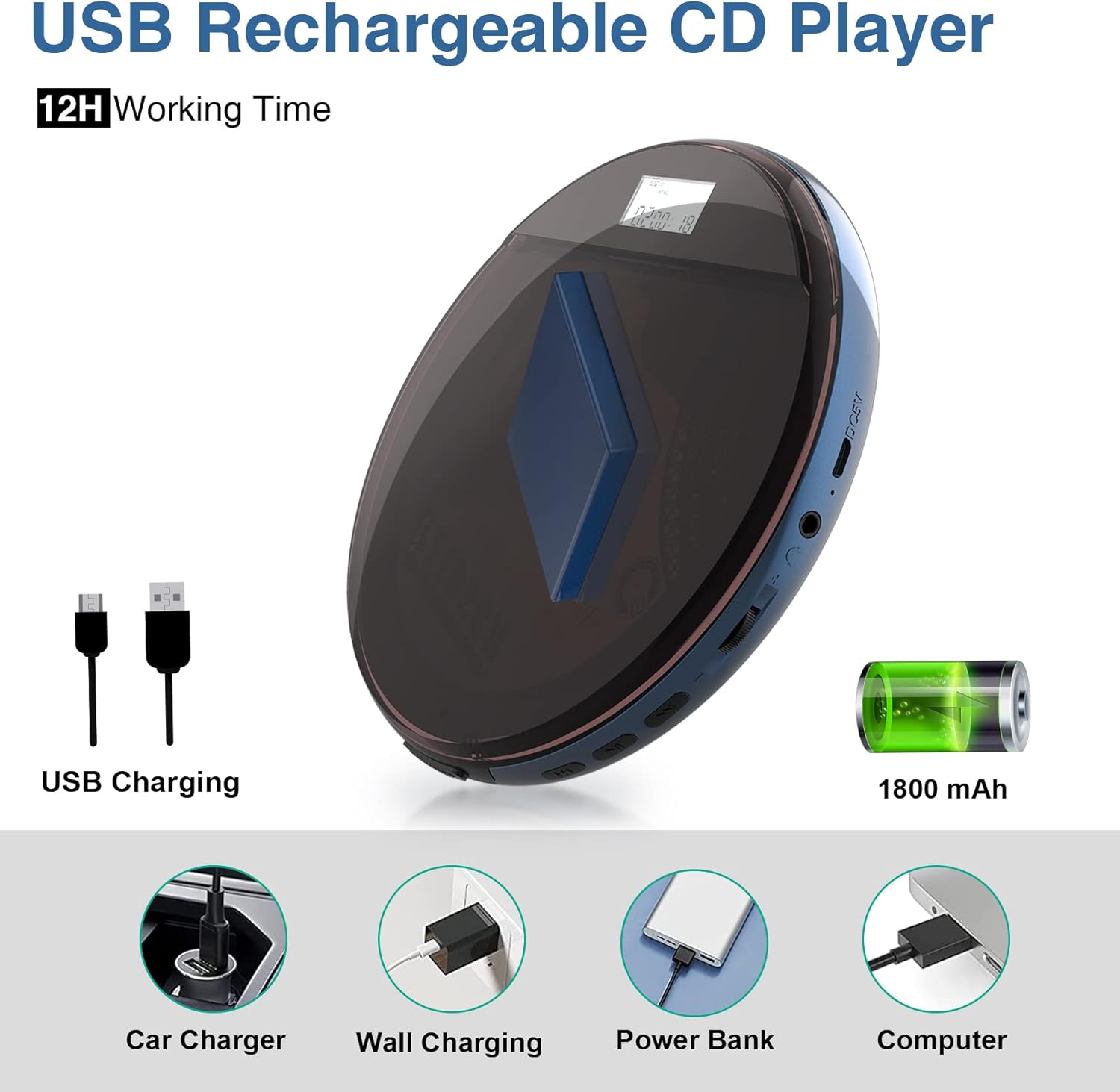 CD Player Portable, MONODEAL Portable CD Player for Car Anti-Skip Protection, Rechargeable Walkman CD Player with Headphones for Running & Traveling, Personal Compact CD Player for Seniors, Adult,Kids Pack of 2