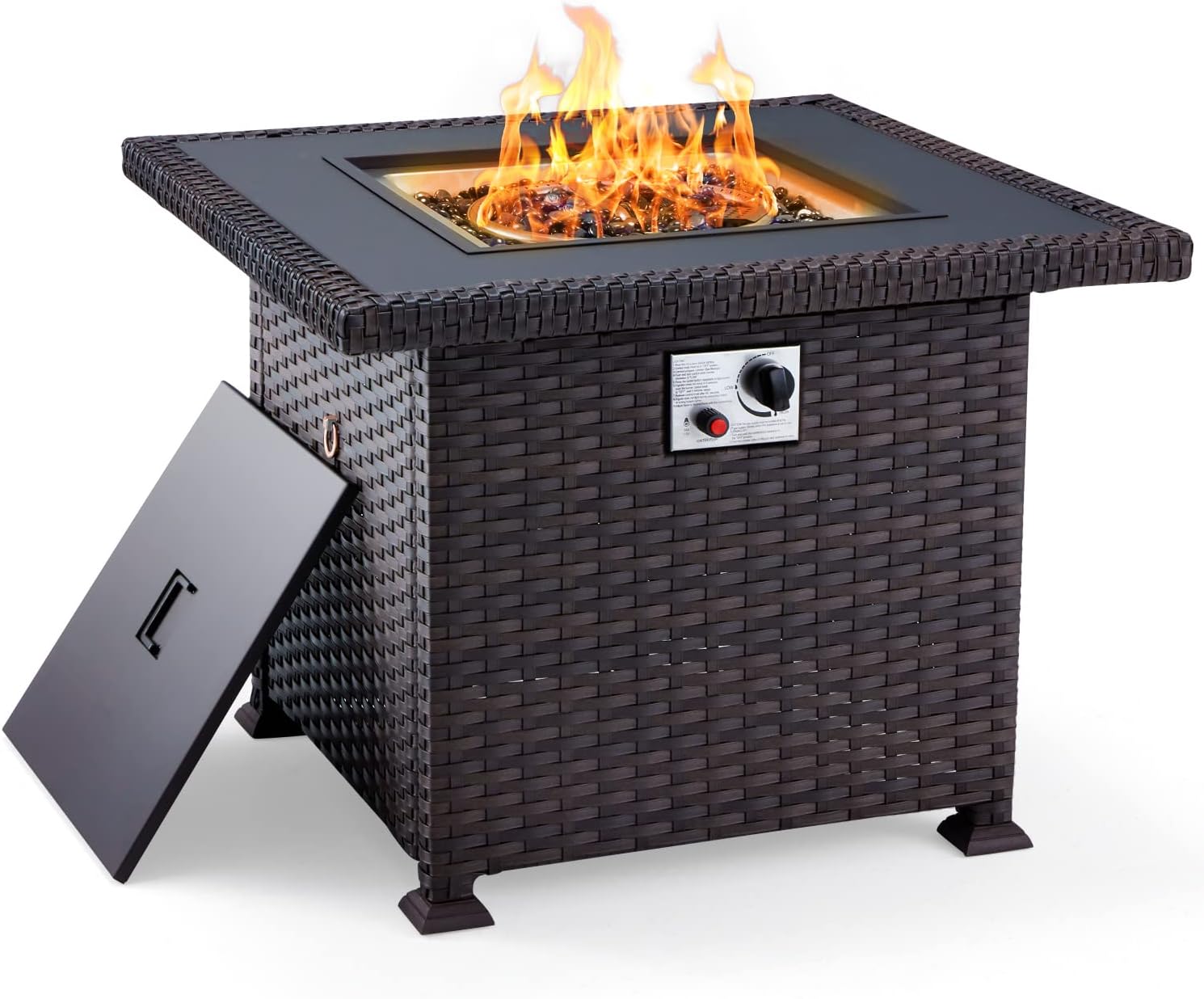 LIFETEN 32'' Propane Fire Pit Table, 50000 BTU Square Gas Fire Pit, CSA Certified Wicker Fire Pit Table with Fire Pit Cover, Aluminum Tabletop and Glass Rocks, Ideal for Backyard, Balcony, Linen