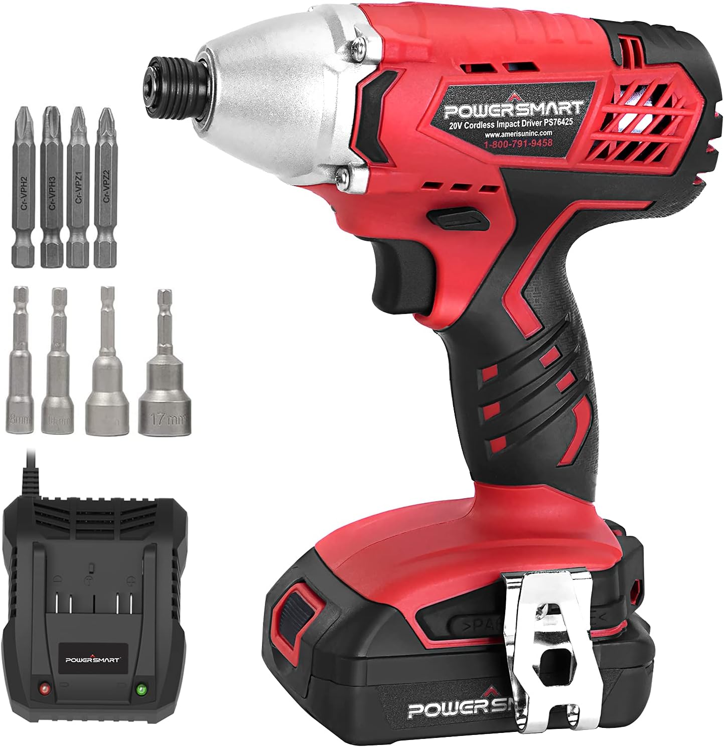 Impact Driver - 1/4 inch Hex Chuck, 1950 in-lbs Torque, 20V Lithium-ion Battery and Charger | PowerSmart Cordless Drill Driver