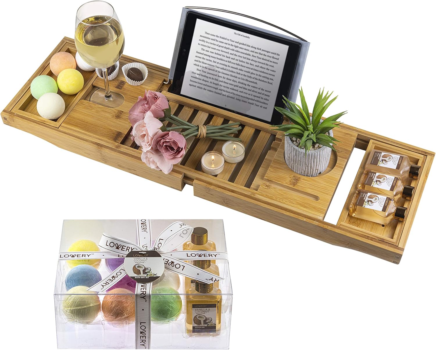 Premium Bamboo Bathtub Caddy Tray Gift Set with Scented Bath Bombs, Shower Gel, Shampoo and Bubble Bath, Luxury Bathtub Tray with Book & Wine Holder - Expandable Tray to Fit Any Tub Pack of 2