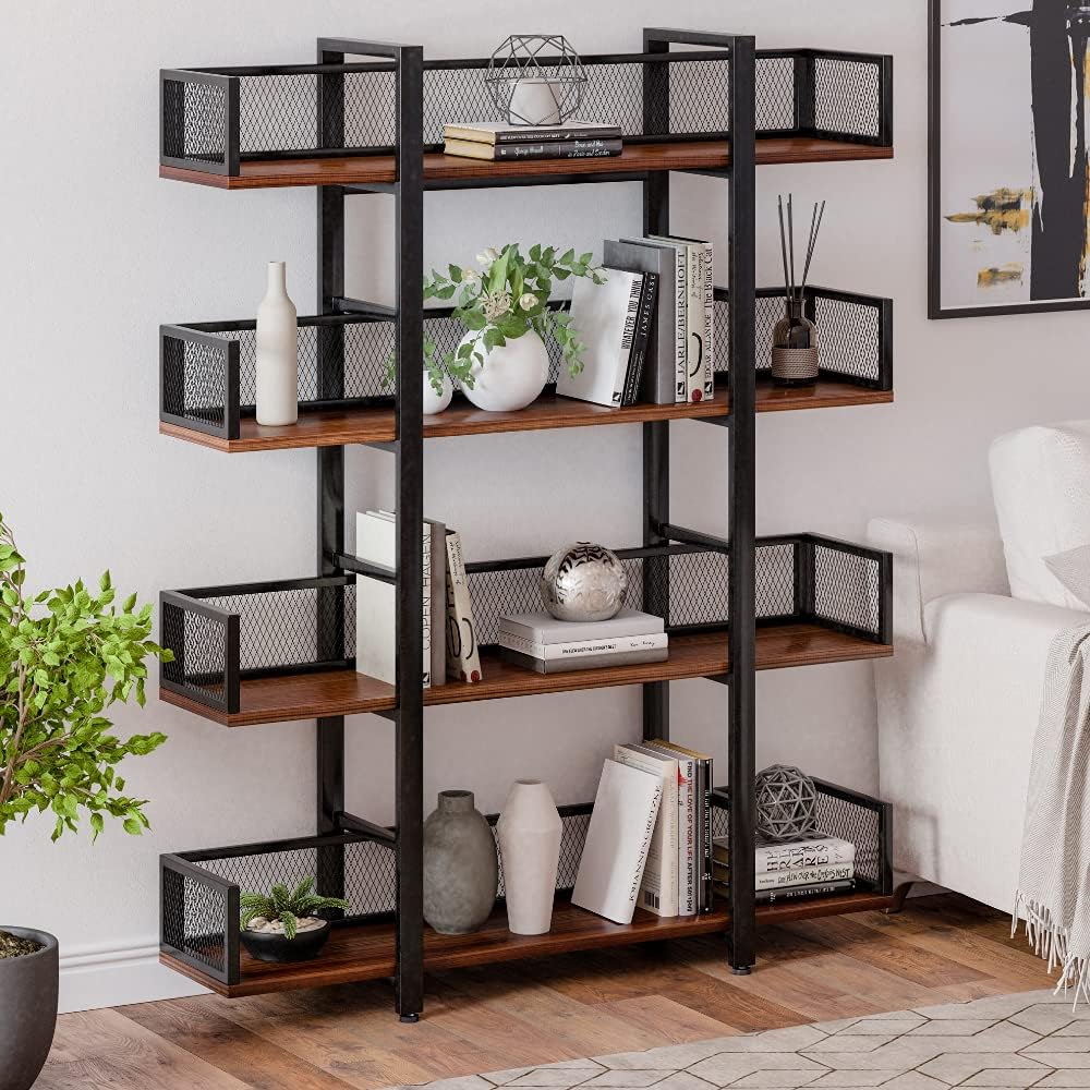 STURDIS Solid Wood Black Metal Industrial Bookshelf - 4 Tier - Visually Appealing & High Capacity for Book Storage