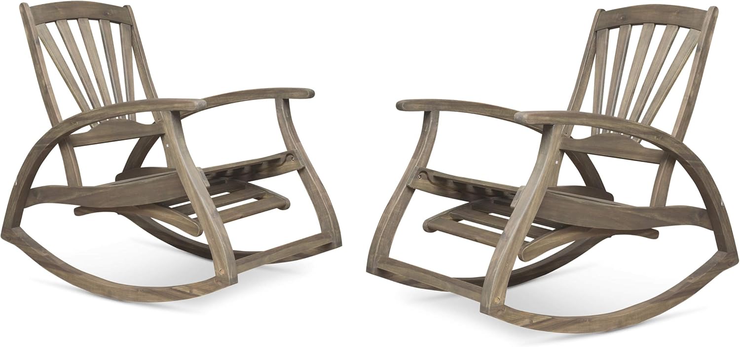 Great Deal Furniture Lee Rocker Recliners for Porch or Patio | Acacia Wood | Teak Finish | Set of 2