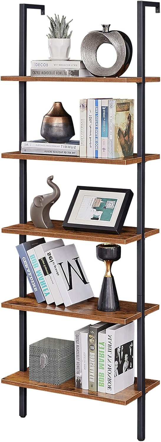 PRAISUN Ladder Shelf, 5 Tier Industrial Bookshelf for Bedroom, Open Wall Mount Bookshelf, Display Storage Rack Organizer, White and Gold Shelves