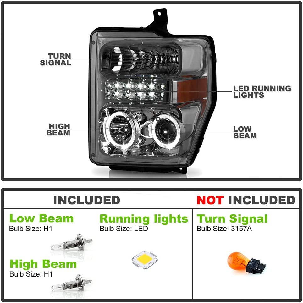 ACANII - For Smoke 2008-2010 Ford F250 F350 F450 Superduty LED DRL Halo Projector Headlights Driver + Passenger Side