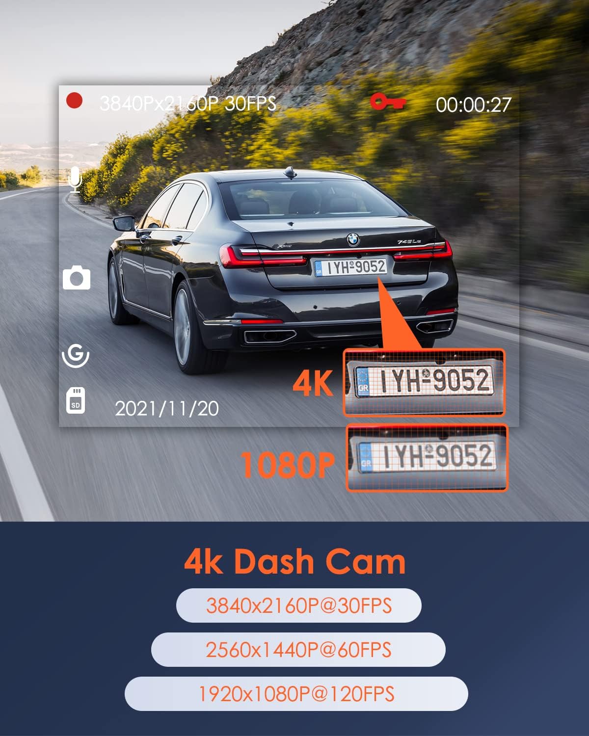 Vantrue X4S 4K 5G WiFi Dash Cam, 2160P 3
