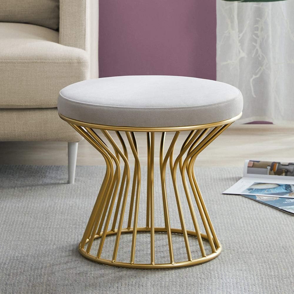 Cardinal & Crest Luxurious Velvet Covered Ottoman Footrest - Modern Round Stool Seat w/Sturdy Gold Metal Base - No Assembly Required Accent Furniture Perfect for Use in Any Room - Gray Velvet Color