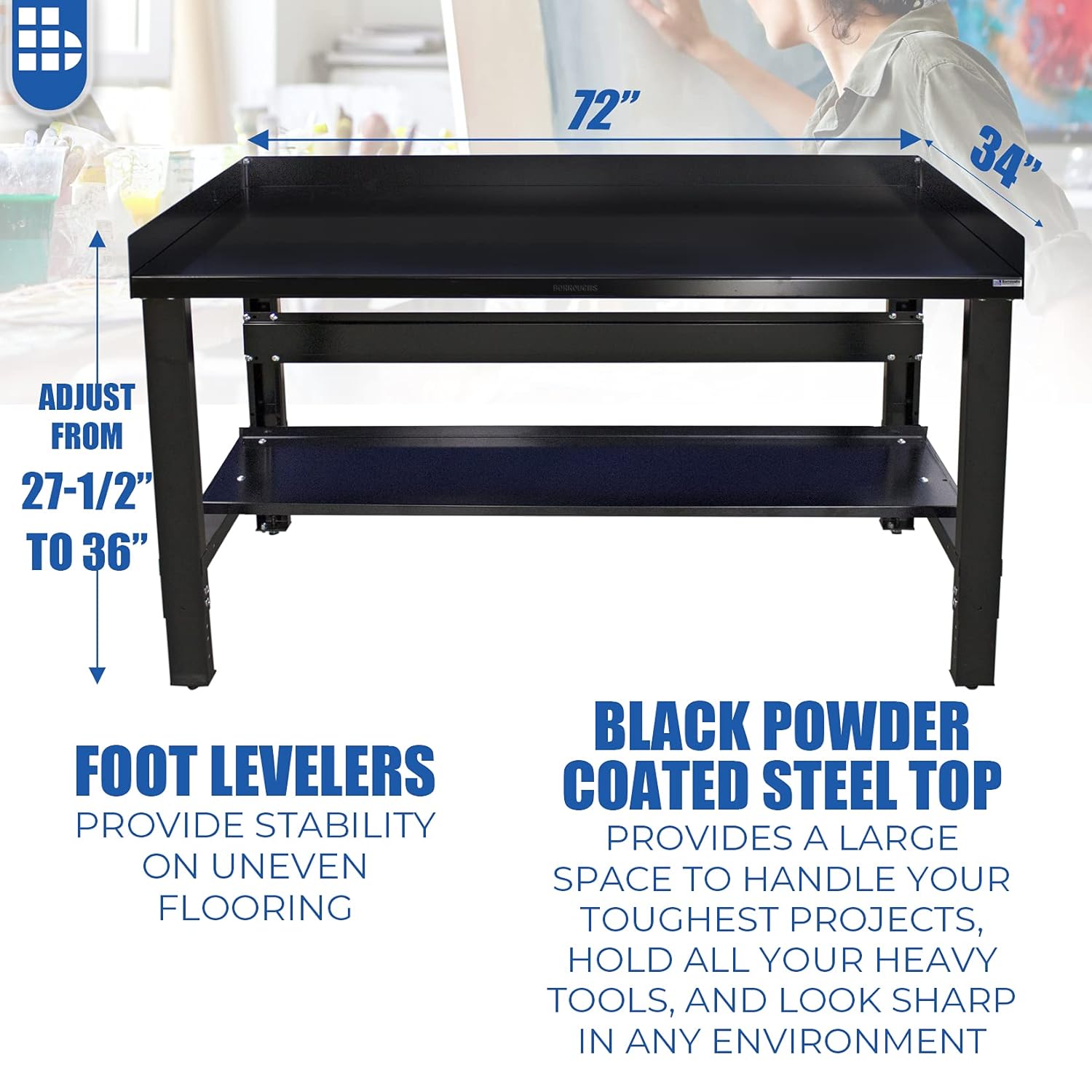 Borroughs Adjustable Height Workbench with Painted Black Top and Bottom Shelf with Back and End Guards, 34 in x 72 in, Commercial Grade, 16 Gauge Steel