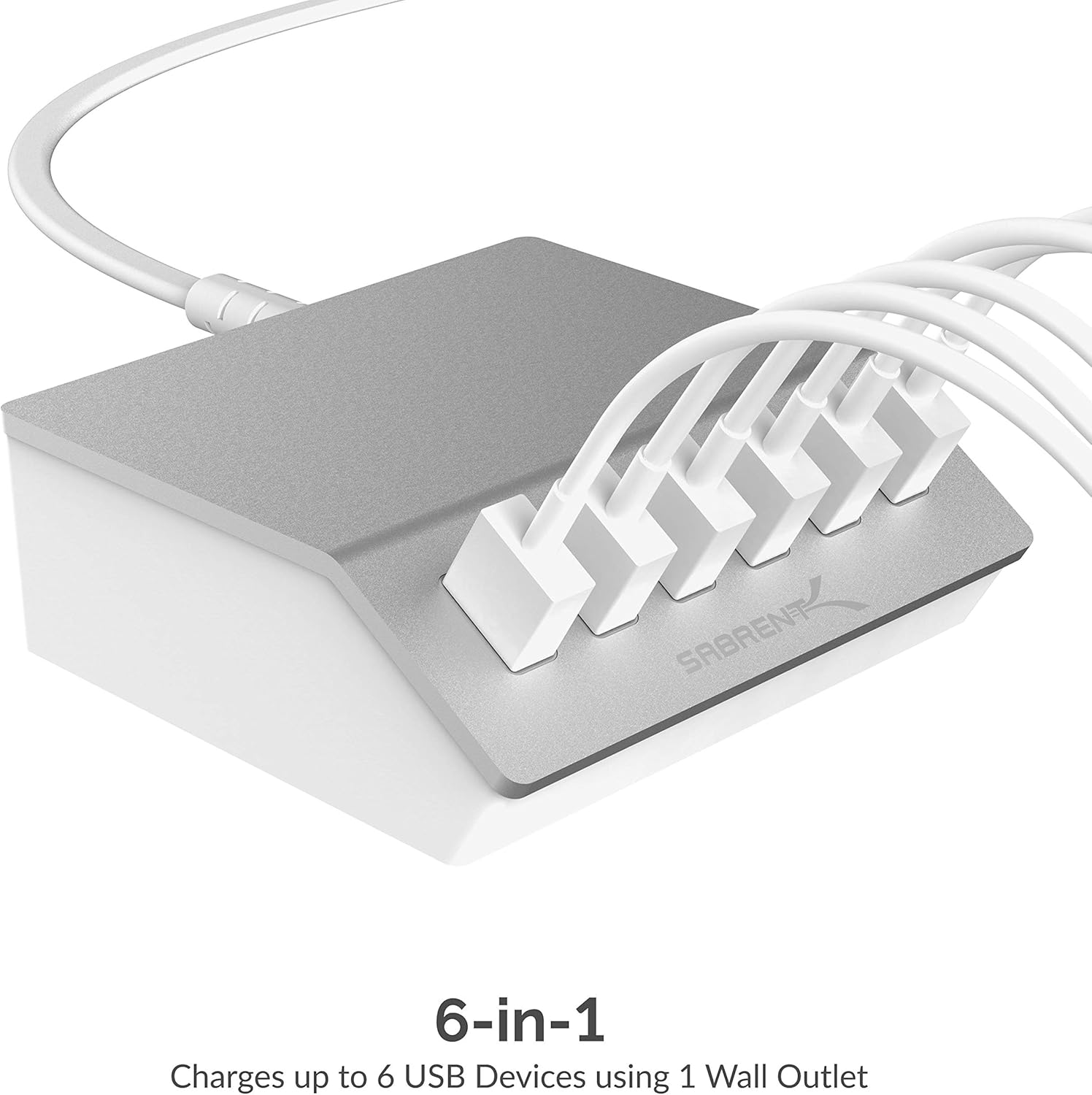 Sabrent Premium 60 Watt (12 Amp) 6-Port Aluminum Family-Sized Desktop USB Rapid Charger. Smart USB Charger with Auto Detect Technology [Silver] (AX-FLCH) Pack of 2