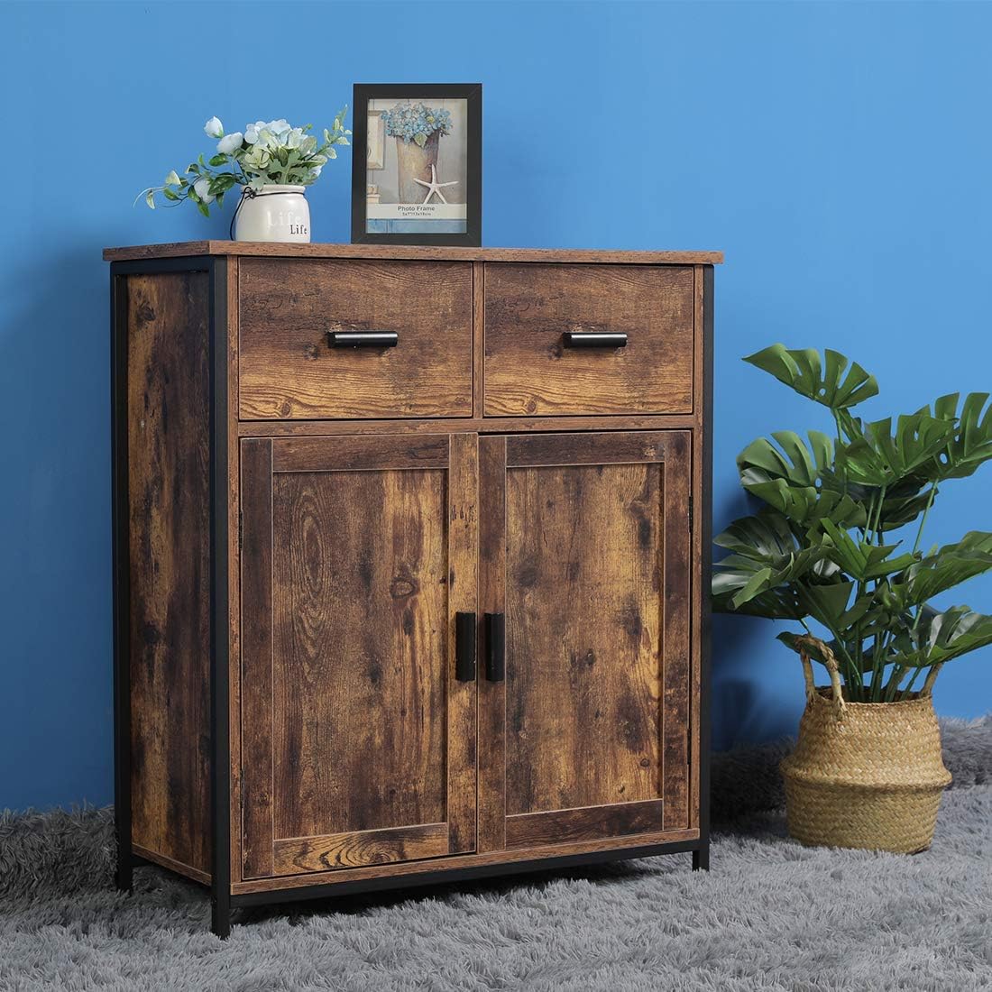 USIKEY Industrial Floor Storage Cabinet with 2 Drawers and Doors, Accent Cupboard, Free Standing Cabinet, Retro Wooden Sideboard, Side Cabinet for Living Room, Bedroom, Hallway, Kitchen, Rustic Brown