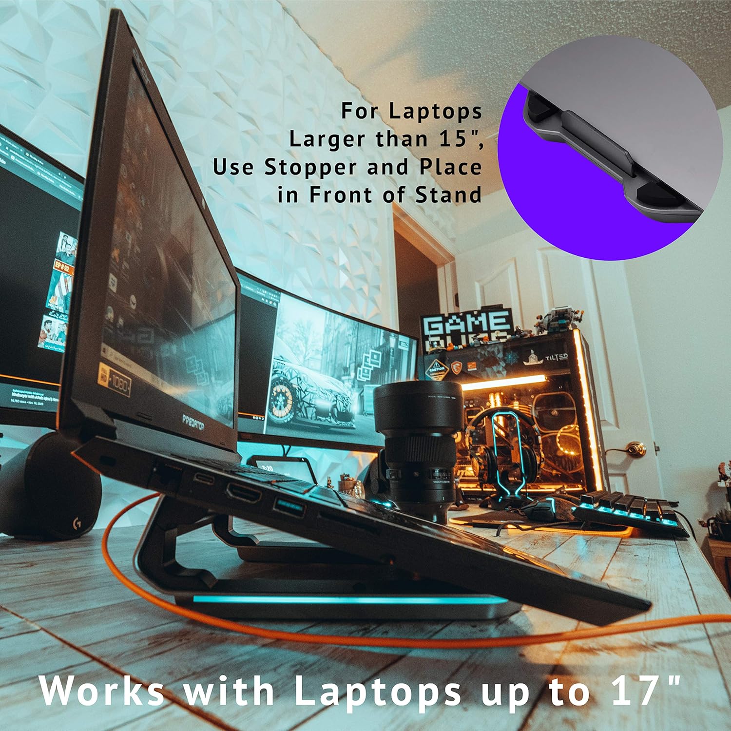 Tilted Nation RGB Gaming Laptop Stand with USB Ports - Sleek Laptop Riser with (4 USB 3.0 Ports and 10 RGB Modes) - Aluminum Laptop Stand for Desk That Improves Cooling and Posture Pack of 2