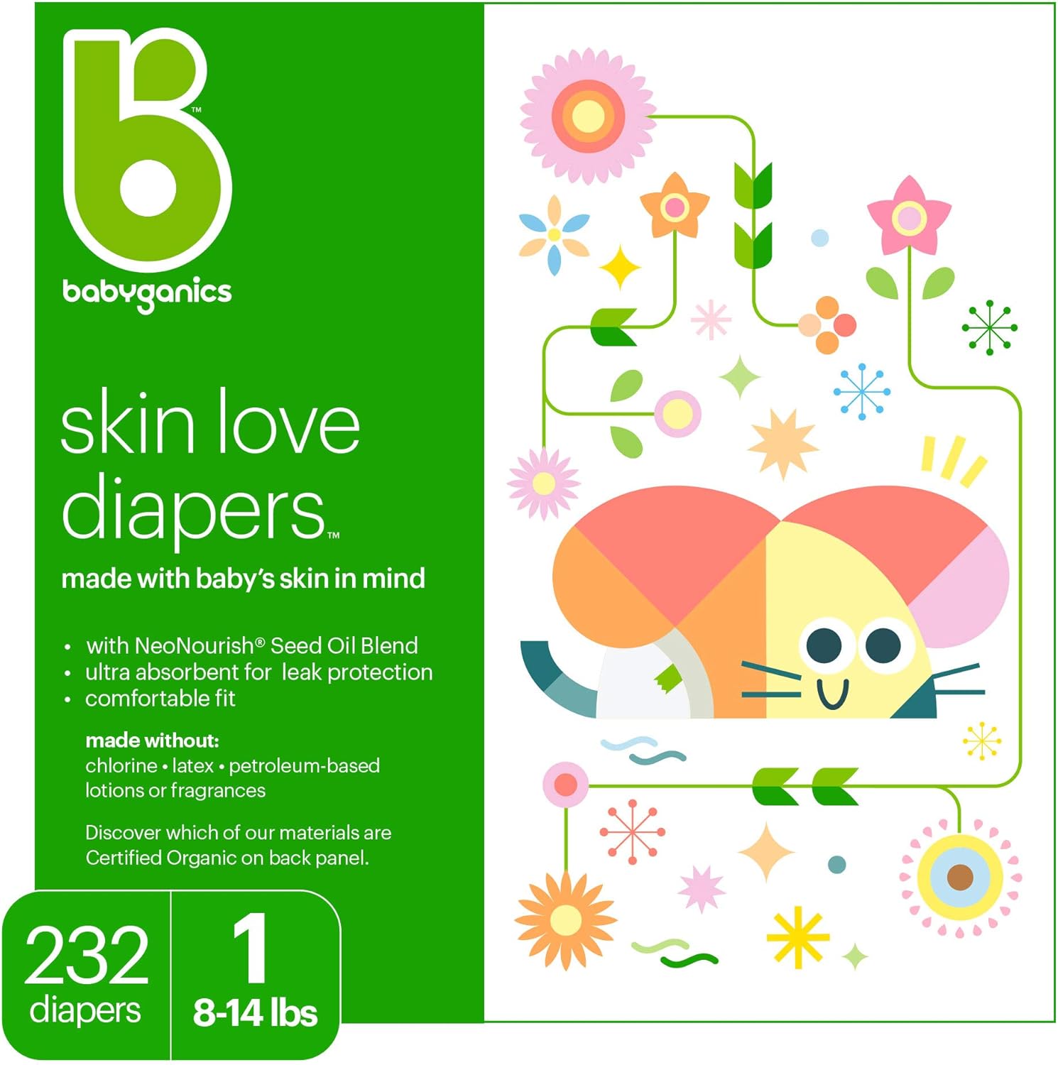 Baby Diapers, Size 2 (12-18 lbs) 216 Count- Babyganics Ultra Absorbent, Unscented, Made without Chlorine, Latex Pack of 2