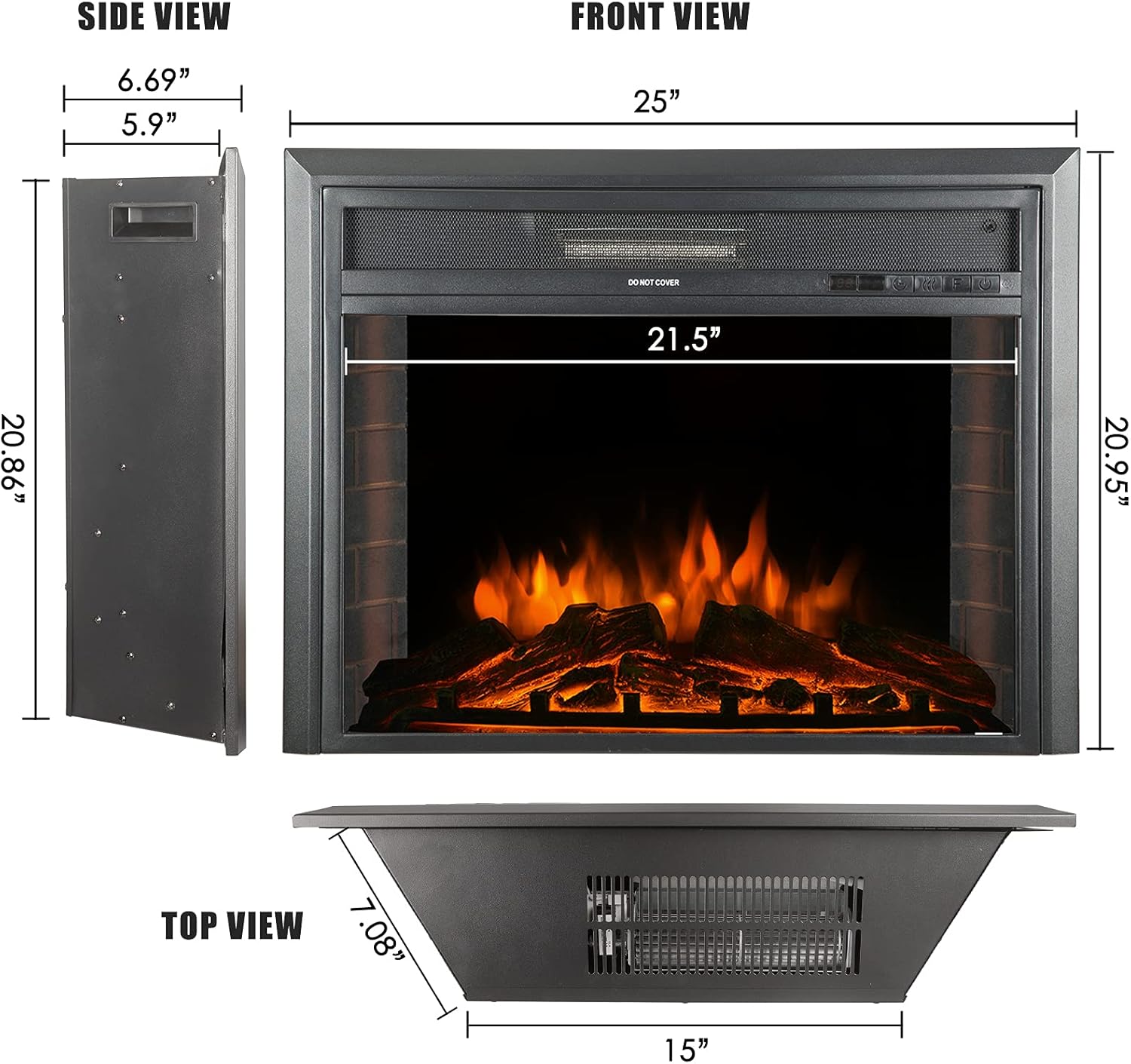 25inch 750W/1500W Electric Fireplace Inserts with Remote Control in Wall recessed ,Energy Saving Insert Fireplace Heater Indoor Glass View, Black