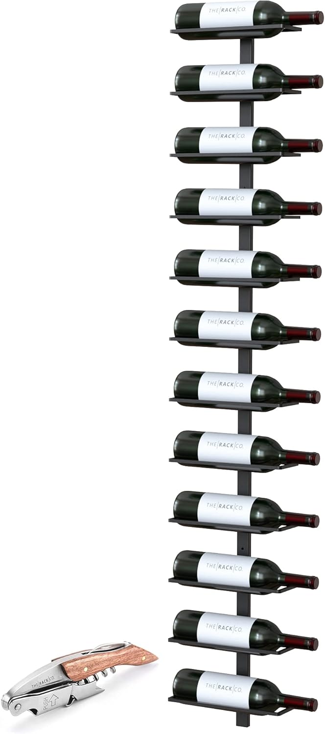 The Rack Co. Wall Series - Center Frame Metal Wall Mount Wine Bottle Rack, Black (12 Bottles) + Free Corkscrew Wine Bottle Opener