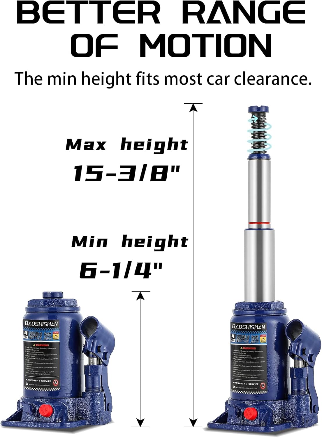 BAOSHISHAN 4 Ton Bottle Jack Double Ram 6-1/4