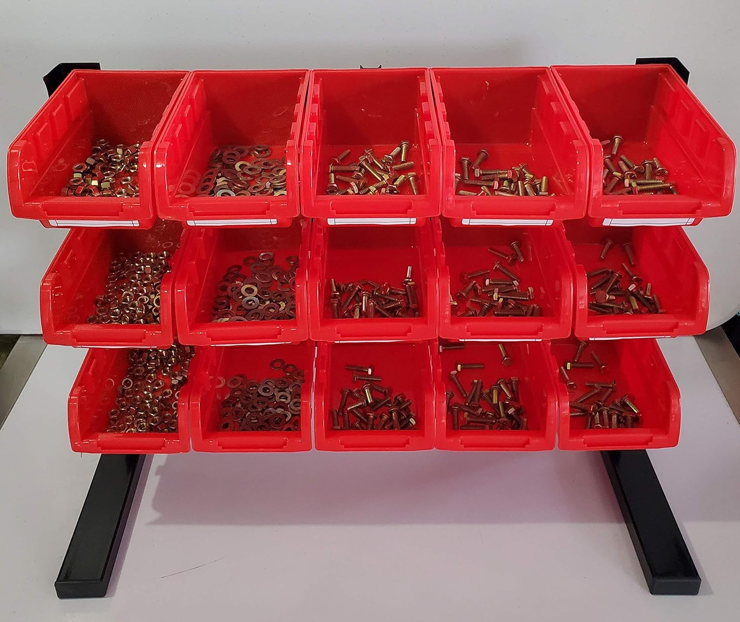806 Piece Nut Bolt and Washer Assortment Hex Head Bolts, Hex Nuts, Flat Washers Standard Grade 8 Coarse Thread with 15 Red Plastic Stacking and Hanging Bins with a Bench Stand