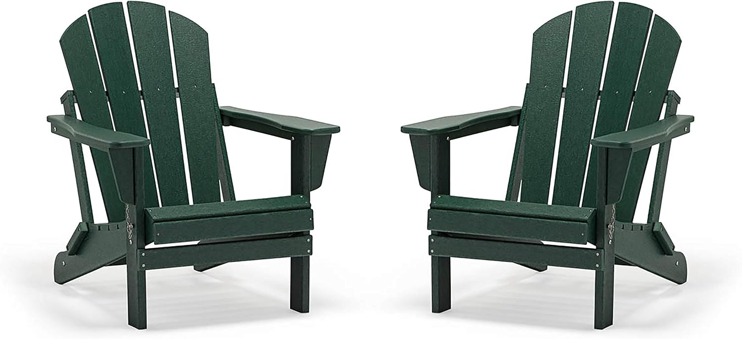 WO 2 Piece Set Outdoor Folding Adirondack Chair for Backyard, Lawn, Patio, Deck, Garden, Weather Resistant Polyethylene Plastic Lounger, Dark Green