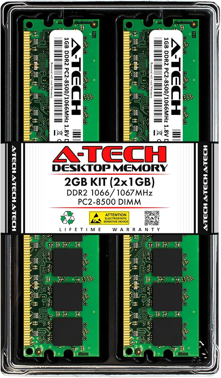 A-Tech 4GB (2x2GB) DDR2 1066MHz / 1067MHz DIMM PC2-8500 UDIMM Non-ECC 1.8V CL7 240-Pin Desktop Computer RAM Memory Upgrade Kit Pack of 2