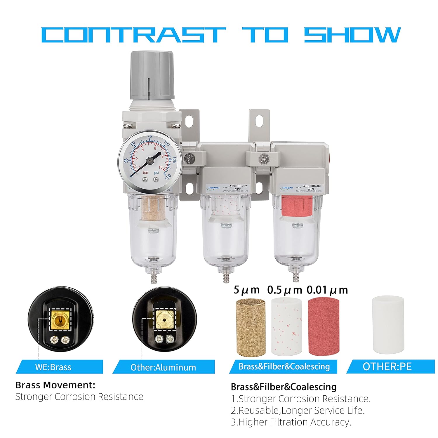 NANPU Three Stage Air Drying System - 5 Micron Particulate Filter, 0.5＆0.01 Micron Coalescing Filters, Air Pressure Regulator Combo - 0-150 psi Gauge, Semi-Auto Drain, Metal Bracket (1/4