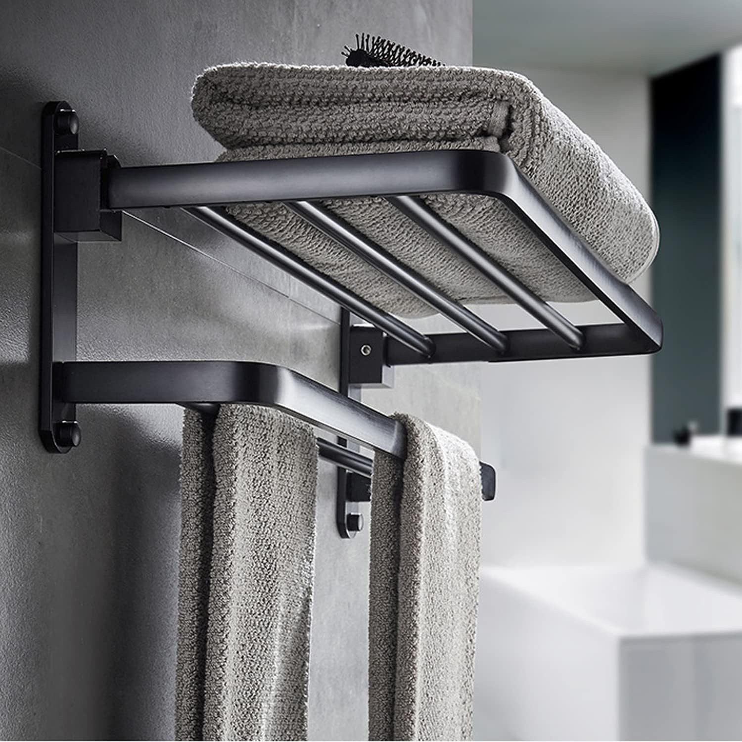 BOZWELL Bathroom Lavatory Towel Rack with Two Towel Bars,24-Inch Stainless Steel BZ205-A (Matte Black) Pack of 2