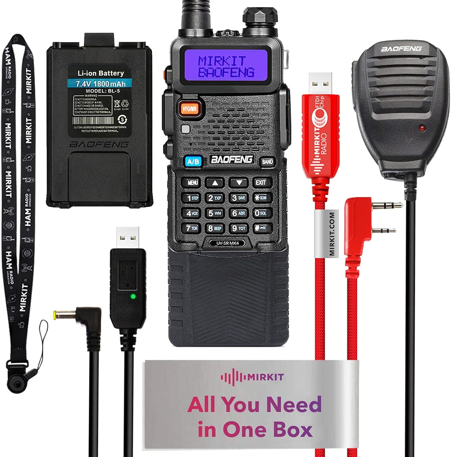 Mirkit Extra Pack Ham Radio Baofeng UV 5R MK4 8 Watt Max Power 2021 Two Way Radio with Baofeng Accessories: Battery 3800 mAh, Handheld Speaker Mic, Programming Cable and Mirkit Software - Extended Kit