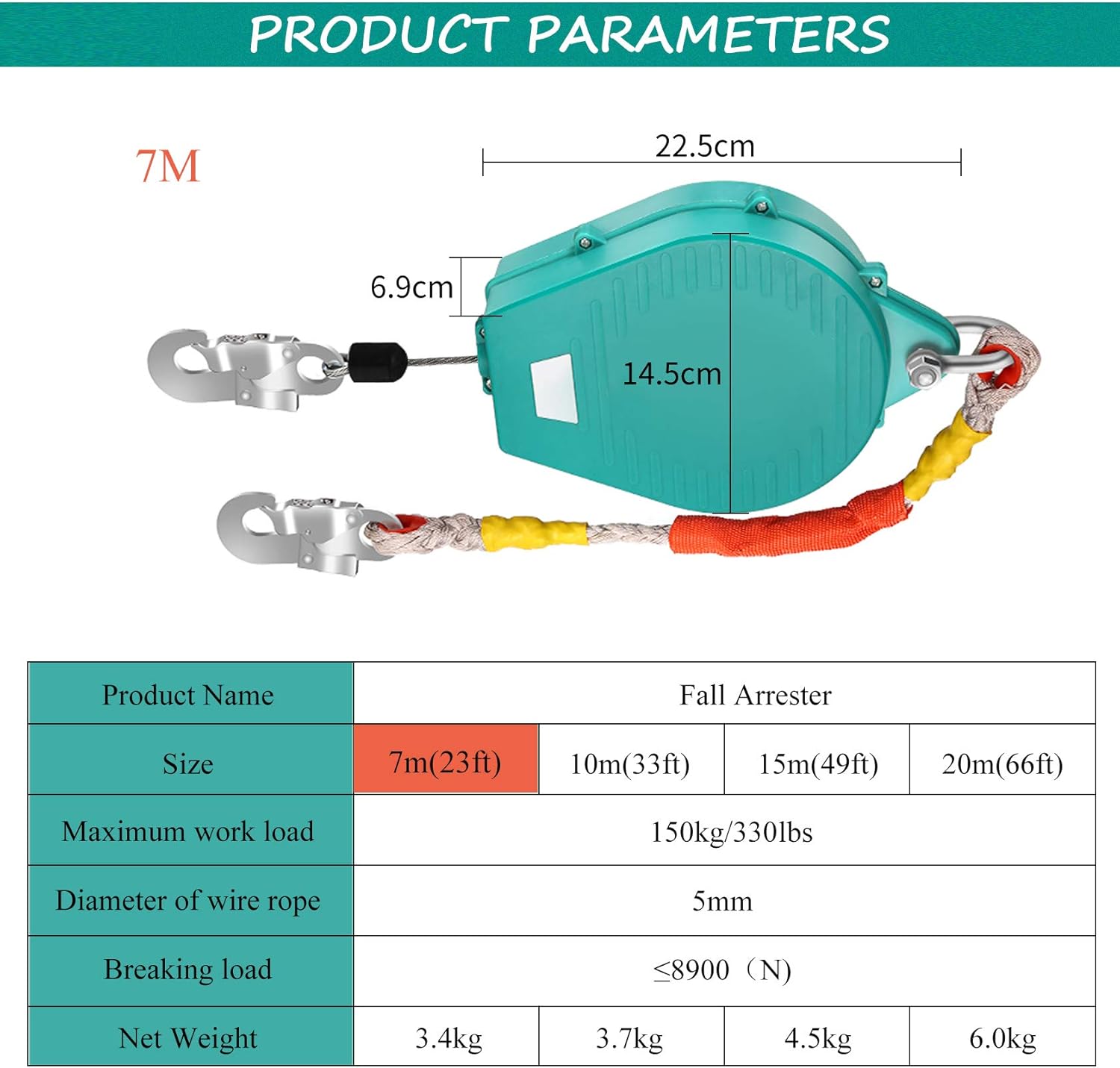 YJINGRUI Self Retracting Lifeline 330lbs Fall Arrester Fall Protection with Alloy Steel Hook & Steel Wire Rope 23ft (7m)