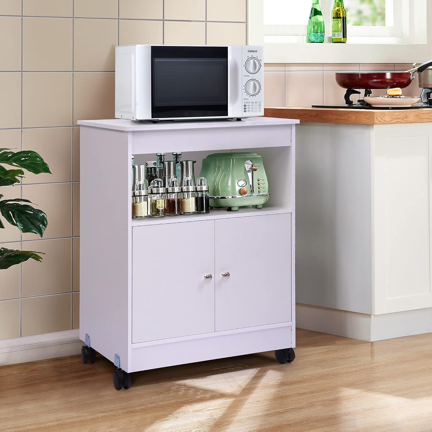 Microwave Cabinet Cart,Microwave Stand Kitchen Cart with Storage, Double Door Cabinet, Open Storage,Top Shelf,White Pack of 2
