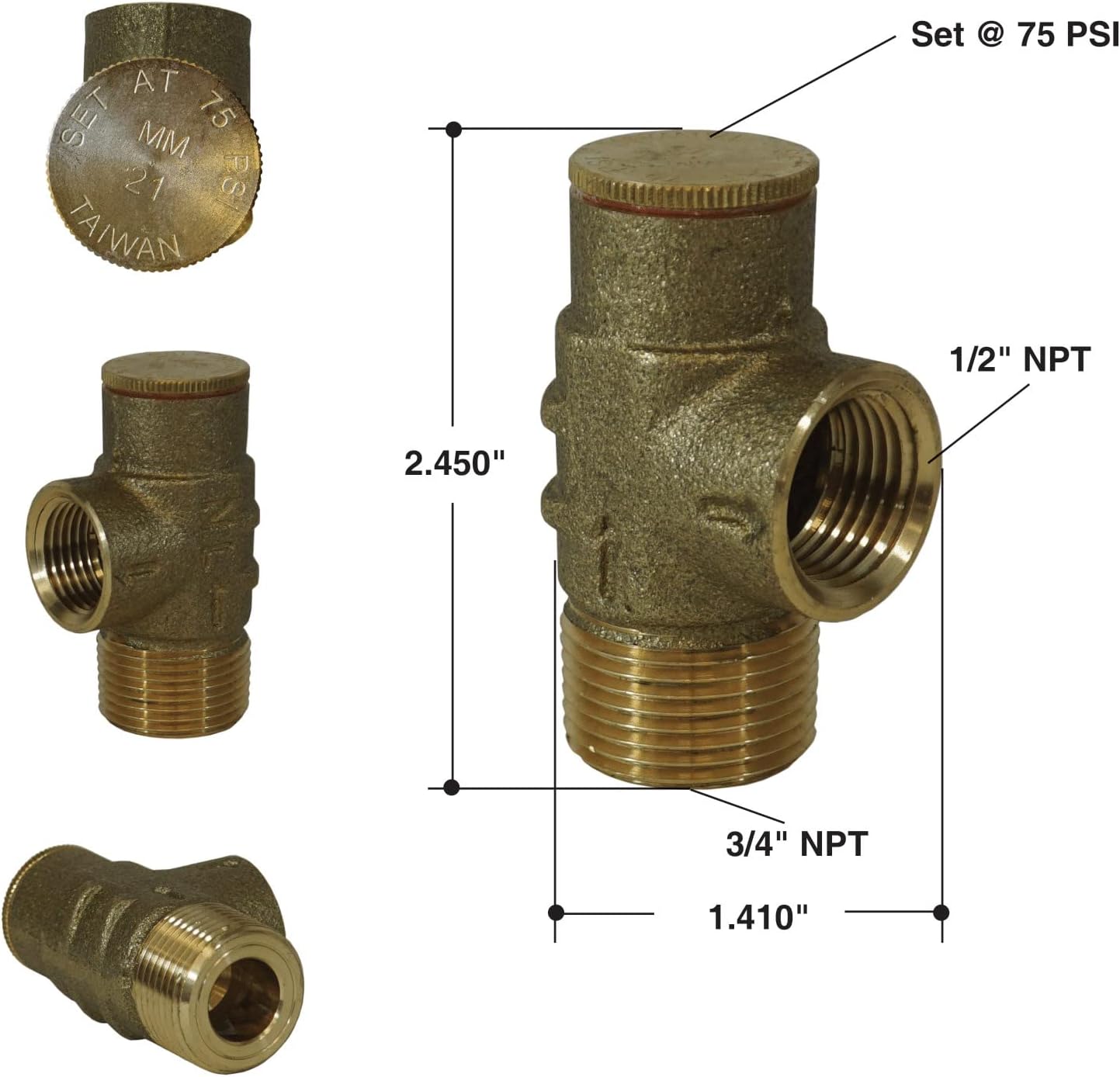 Merrill MFG PRVNL75 No Lead Brass Pressure Relief Valve 75 PSI, 3/4