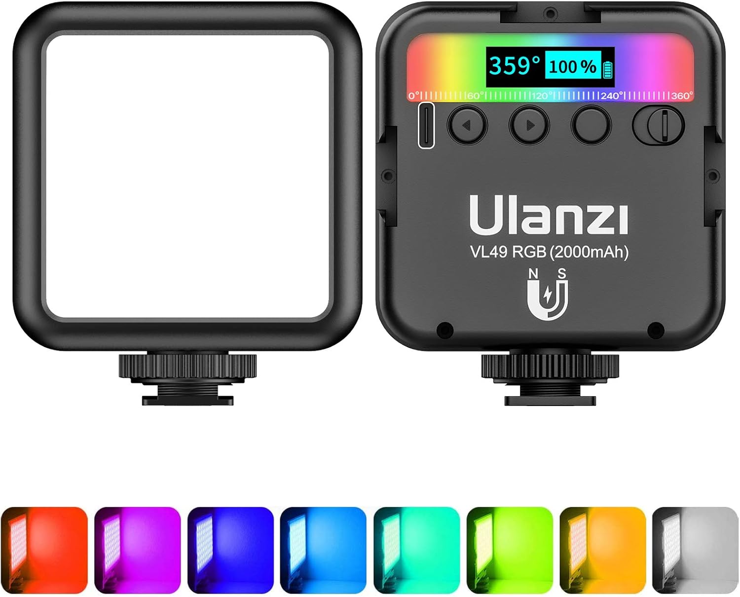 ULANZI VL49 RGB Video Lights, LED Camera Light 360&deg; Full Color Portable Photography Lighting w 3 Cold Shoe, 2000mAh Rechargeable CRI 95+ 2500-9000K Dimmable Panel Lamp Support Magnetic Attraction