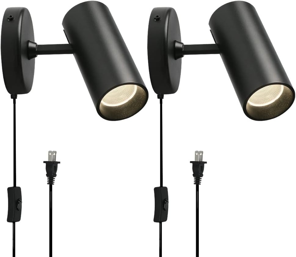 Aisilan Adjustable Plug in Wall Spotlight, 12W Black Modern Directional Uplight Spotlight with On/Off Switch, Aluminum LED Wall Sconce of Warm White CREE COB CRI&ge;93, for Floor Ceiling/Wall Surface