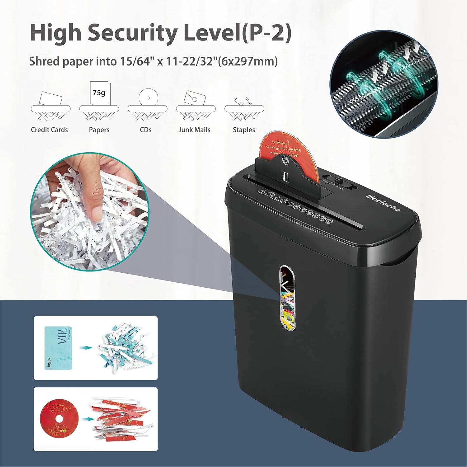 Woolsche SD108P 8-Sheet Strip Cut Paper Shredder for Home Office Use, 3-Mode Convenient Deskside Shredders with Transparent Window,Shreds Paper/CD/Credit Card Pack of 2