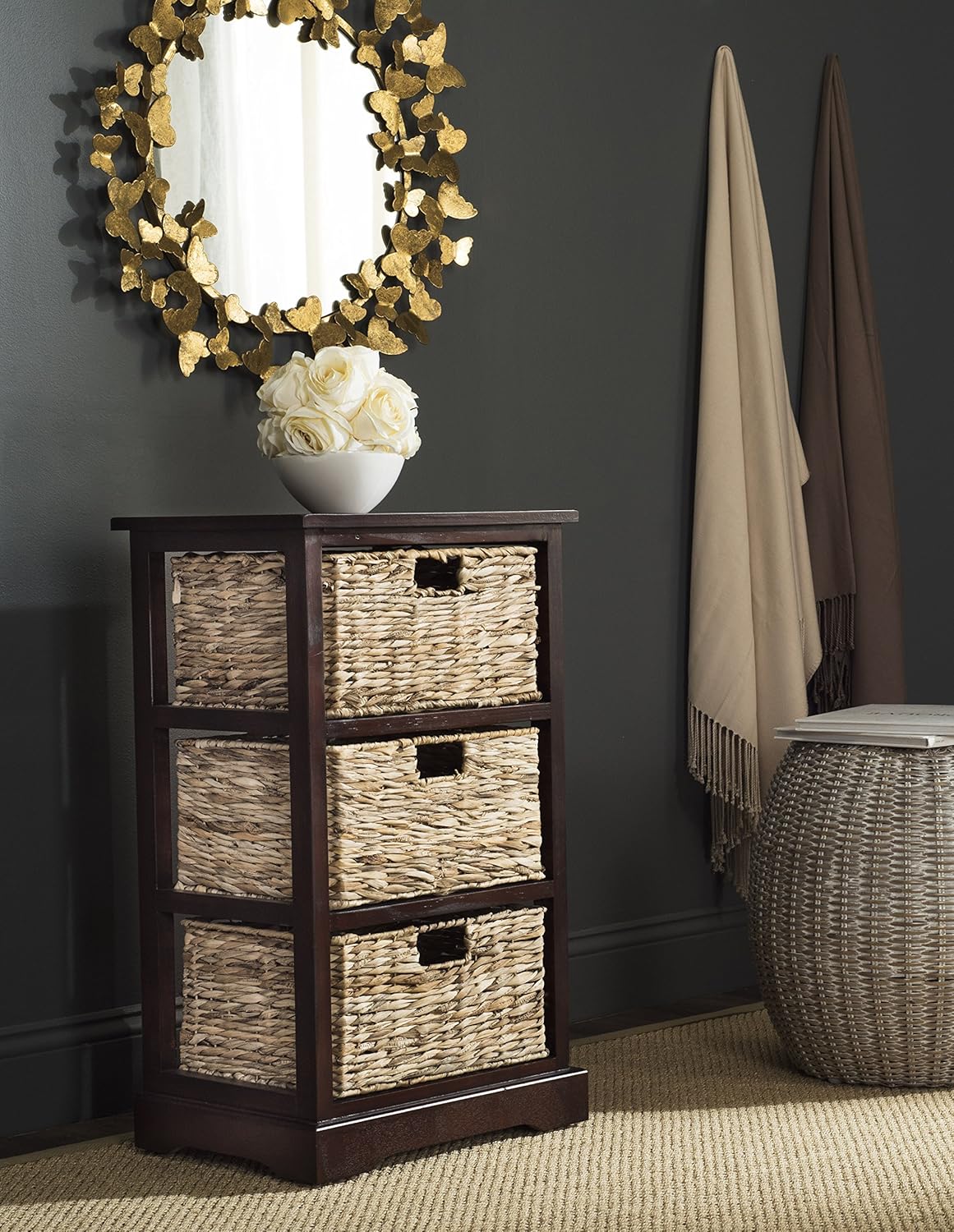 Safavieh American Homes Collection Halle Distressed Black 3 Wicker Basket Storage Side Table