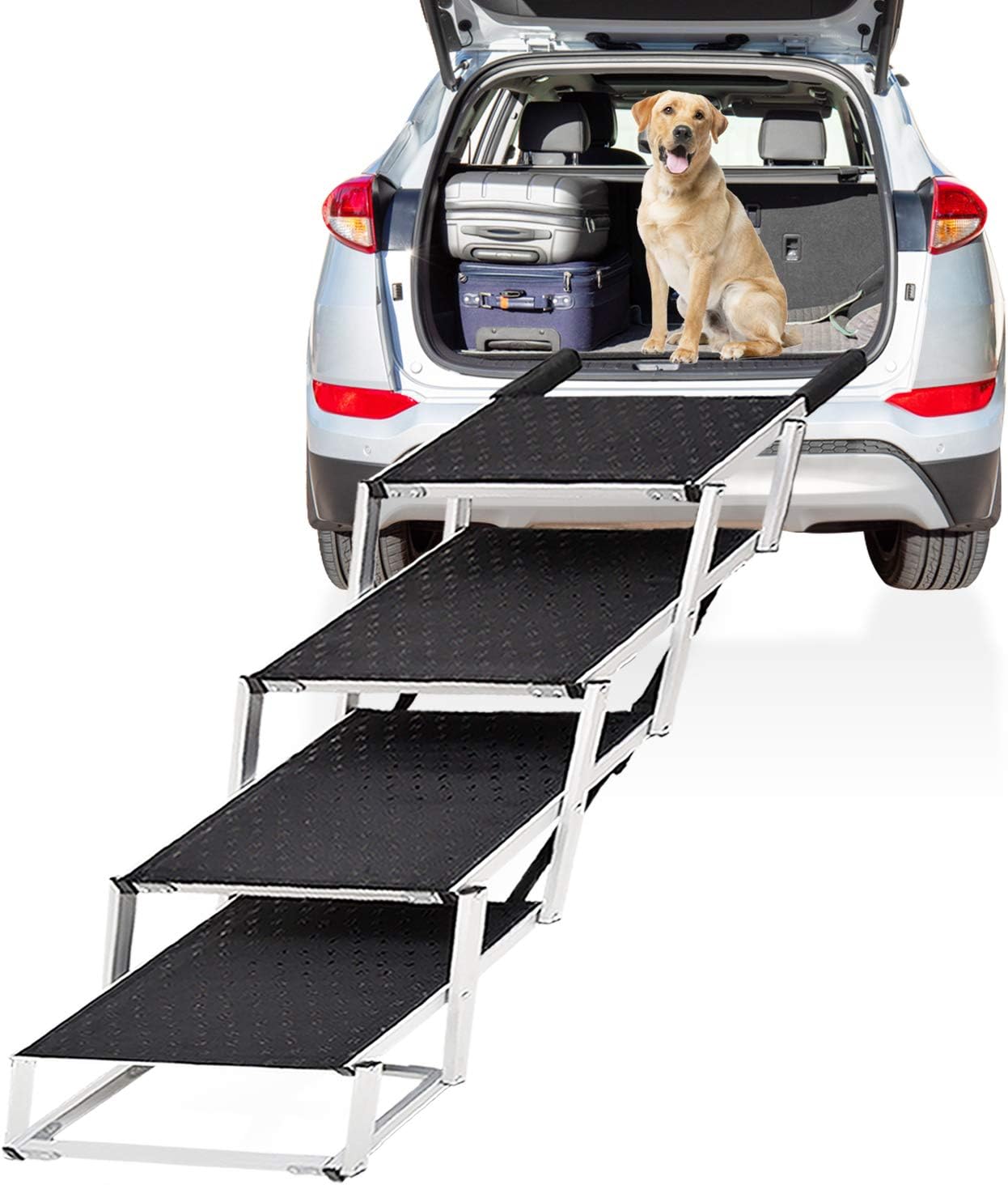 Extra Wide Dog Car Stair, 4-Step Folding Lightweight Aluminum Pet Ramp, 19.2” Widen Steps with Nonslip Surface Portable Ladder for High Bed, Cars, Trucks and SUVs, Support up to 130 Lbs Large Dog
