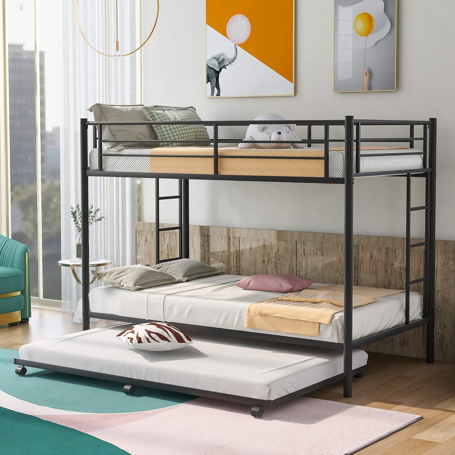 Twin Over Twin Bunk Bed, Rockjame Metal Bed Frame with Trundle, Guardrail and 2 Ladders, Can Be Divided Into 2 Twin Beds, No Box Spring Needed, Space-Saving Design (Black)